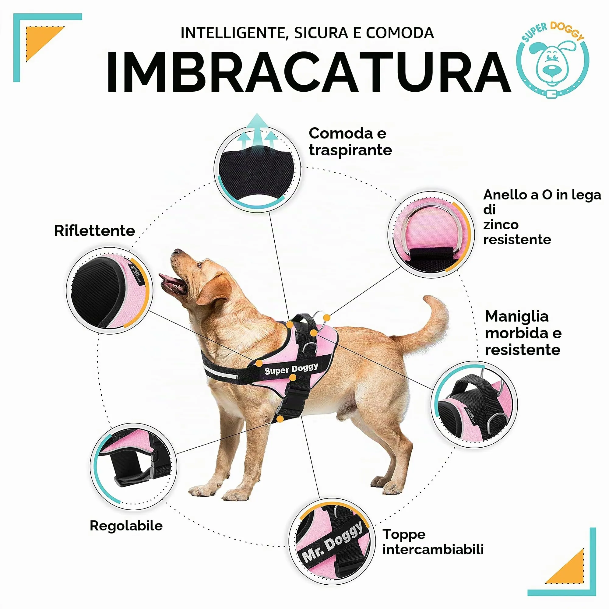 SUPER DOGGY Pettorina Cane Personalizzata con Nome – Antitrazione, Riflettente e Regolabile – Include 2 Targhette Velcro - Taglia Piccola, Media e Grande (Rosa, XS 3-7KG) - immagine 3