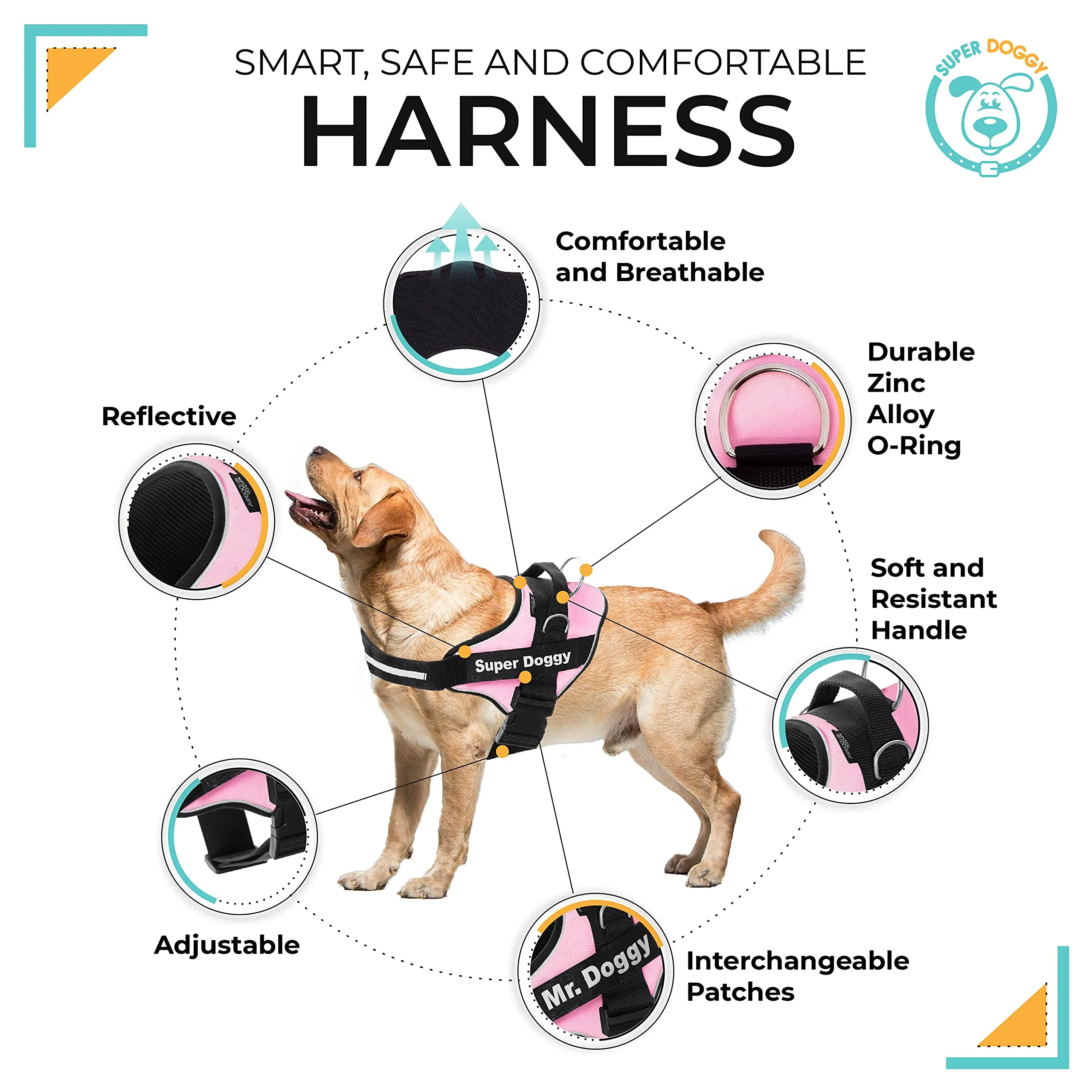 SUPER DOGGY Pettorina Cane Personalizzata con Nome – Antitrazione, Riflettente e Regolabile – Include 2 Targhette Velcro - Taglia Piccola, Media e Grande (Rosa, M 13-22KG) - immagine 3