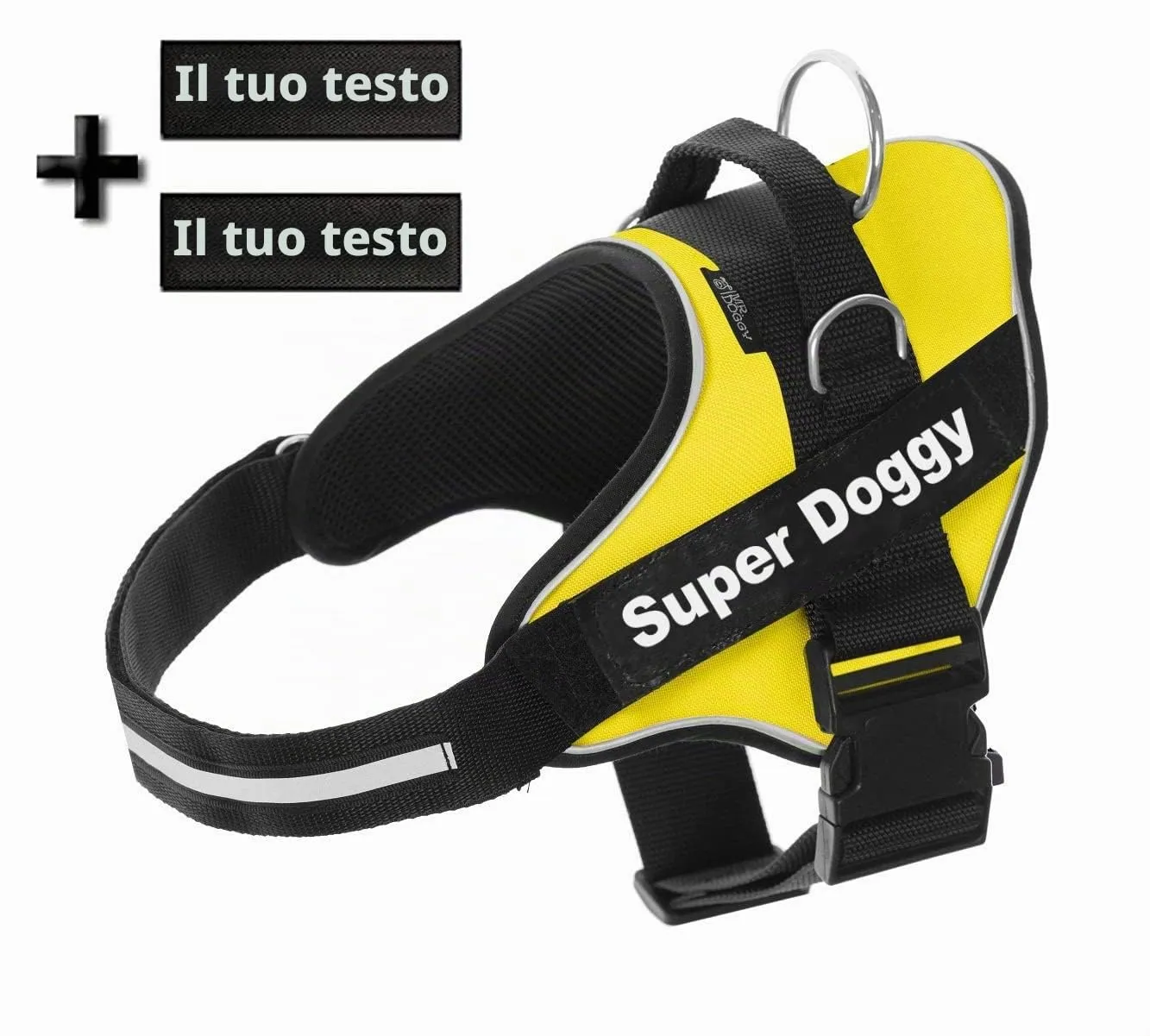 SUPER DOGGY Pettorina Cane Personalizzata con Nome – Antitrazione, Riflettente e Regolabile – Include 2 Targhette Velcro - Taglia Piccola, Media e Grande (Giallo, S 6-14KG) - immagine 2