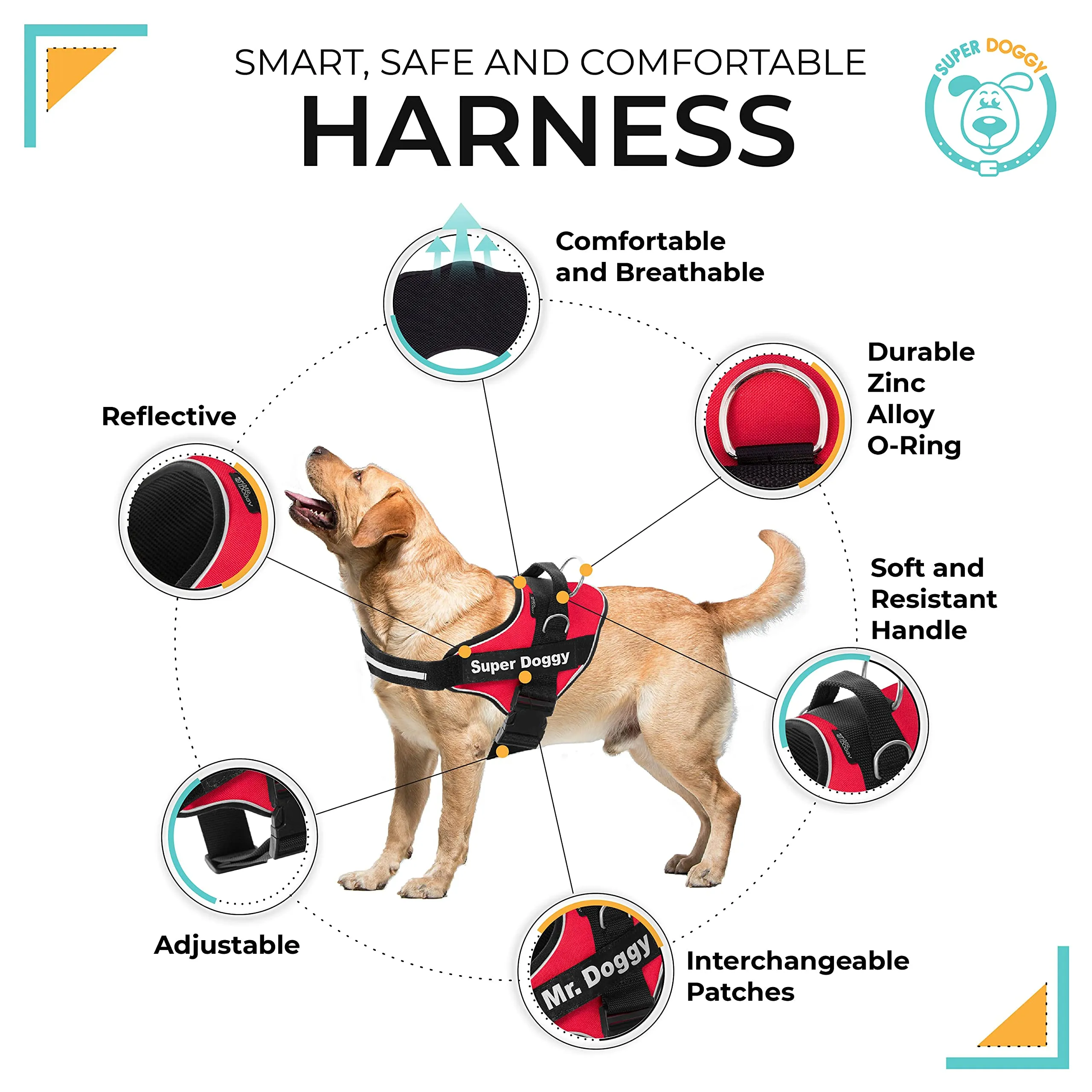 SUPER DOGGY Pettorina Cane Personalizzata con Nome – Antitrazione, Riflettente e Regolabile – Include 2 Targhette Velcro - Taglia Piccola, Media e Grande (Rosso, S 6-14KG) - immagine 3