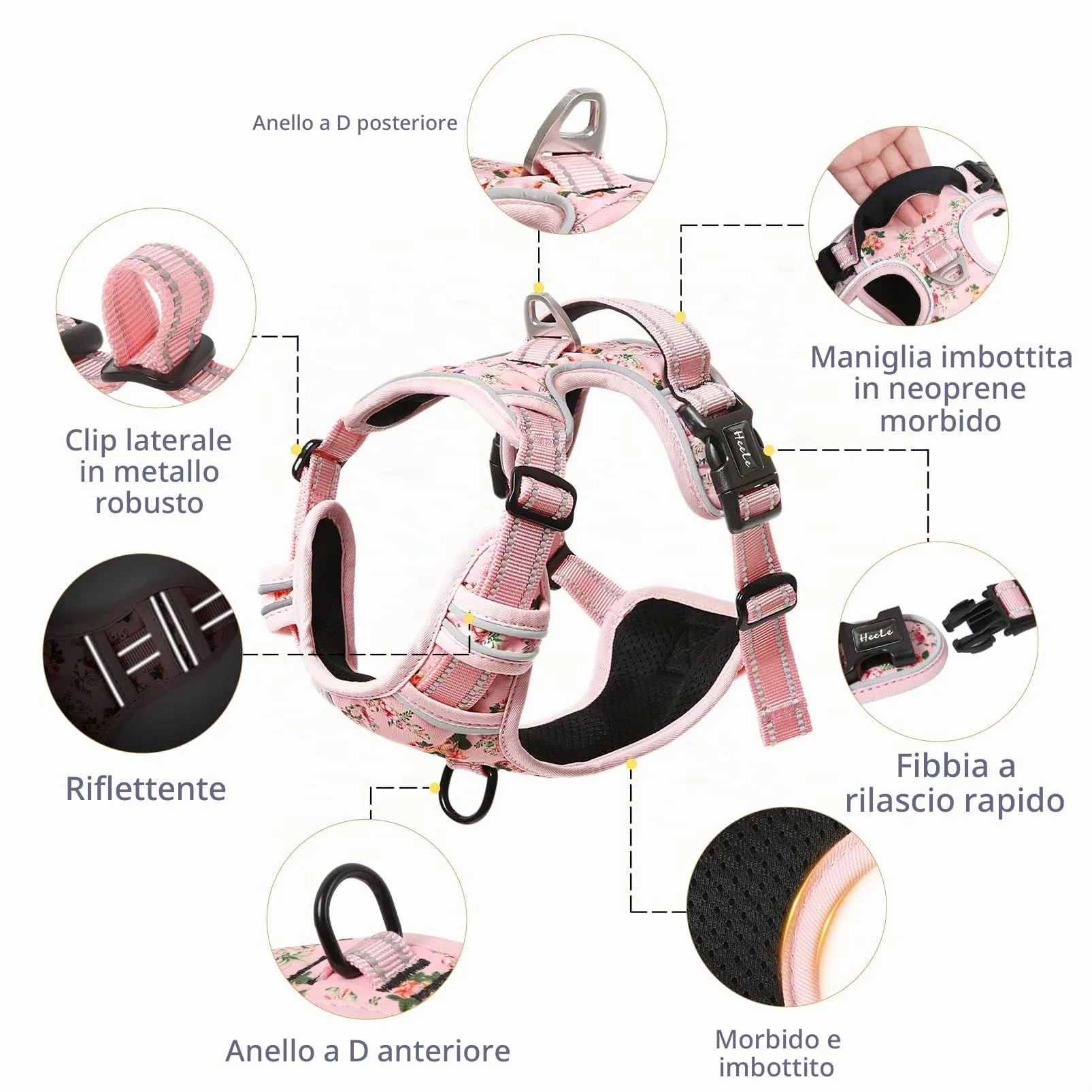 HEELE Pettorina Cane Taglia Media Motivo Stampato, Riflettente Pettorina Addestramento Cani Anti Tiro con 2 Ganci in Metallo + Comodo Maniglia, Gilet per Cani Regolabile per Camminare, Fiori-Rosa, M - immagine 2