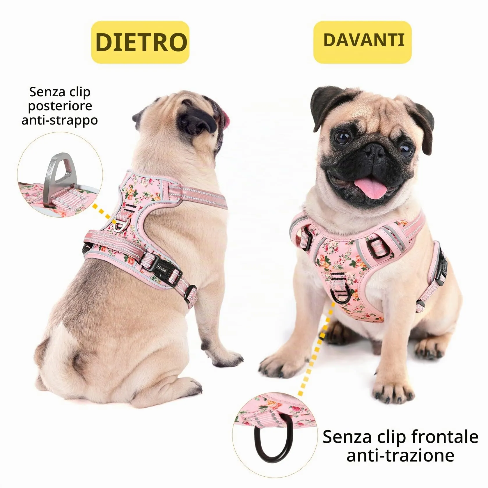HEELE Pettorina Cane Taglia Media Motivo Stampato, Riflettente Pettorina Addestramento Cani Anti Tiro con 2 Ganci in Metallo + Comodo Maniglia, Gilet per Cani Regolabile per Camminare, Fiori-Rosa, M - immagine 3