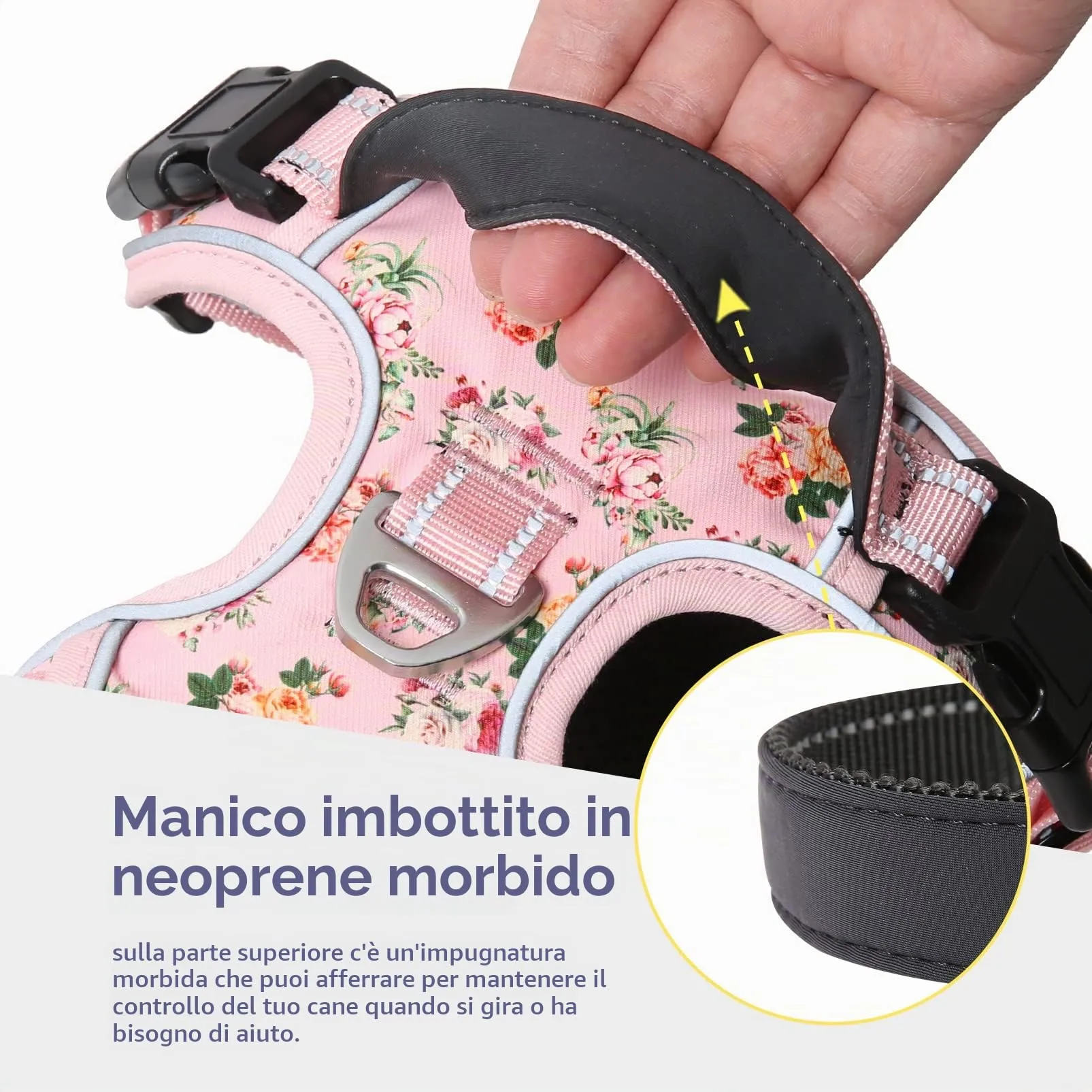 HEELE Pettorina Cane Taglia Media Motivo Stampato, Riflettente Pettorina Addestramento Cani Anti Tiro con 2 Ganci in Metallo + Comodo Maniglia, Gilet per Cani Regolabile per Camminare, Fiori-Rosa, M - immagine 4