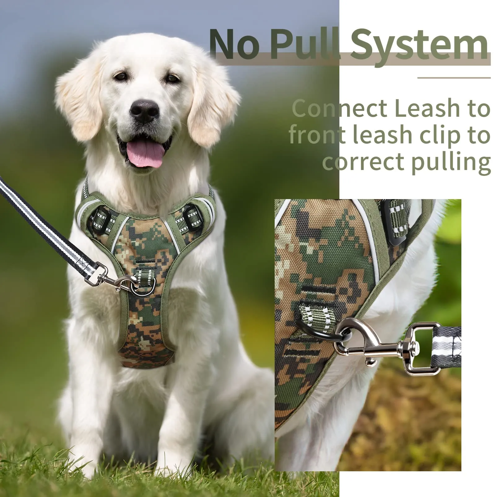 HEELE Pettorina Cane, No-Pull Imbracatura Traspirante e Riflettente, con Gancio in Metallo e Manico Imbottita, Pettorina Cane Taglia Grande Comodo per Camminare Jogging, Camo Verde, L - immagine 4