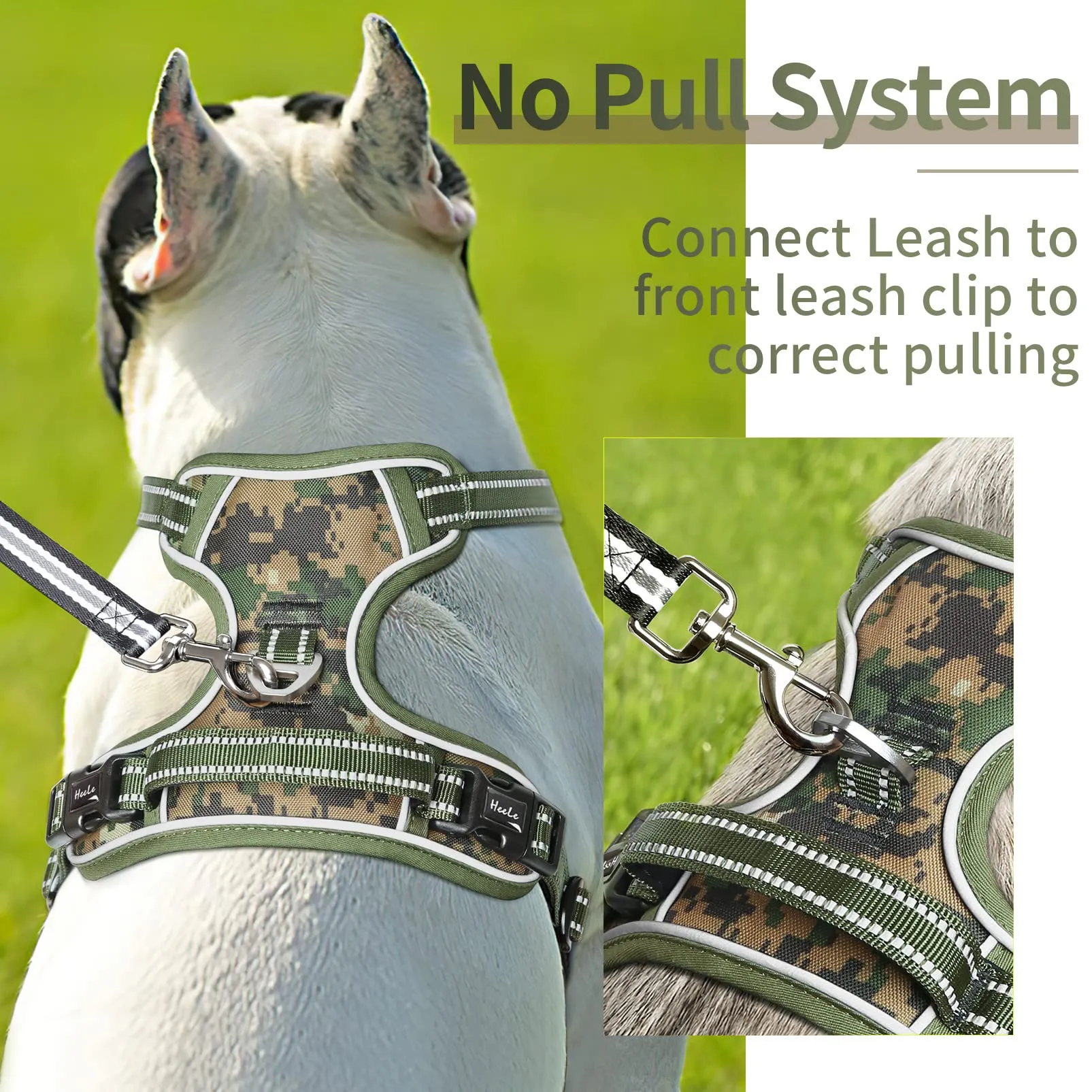 HEELE Pettorina Cane, No-Pull Imbracatura Traspirante e Riflettente, con Gancio in Metallo e Manico Imbottita, Pettorina Cane Taglia Grande Comodo per Camminare Jogging, Camo Verde, L - immagine 5