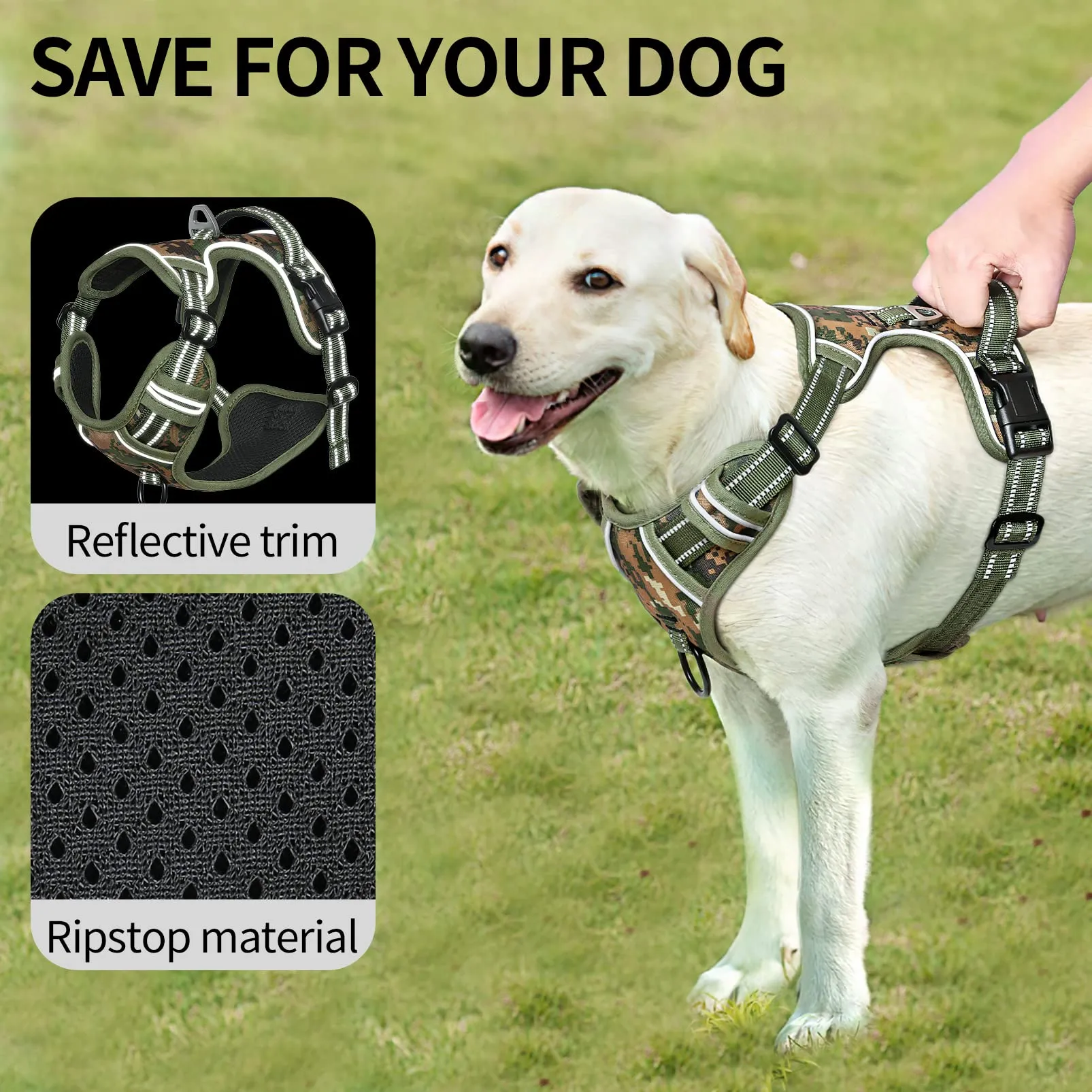 HEELE Pettorina Cane, No-Pull Imbracatura Traspirante e Riflettente, con Gancio in Metallo e Manico Imbottita, Pettorina Cane Taglia Grande Comodo per Camminare Jogging, Camo Verde, L - immagine 6