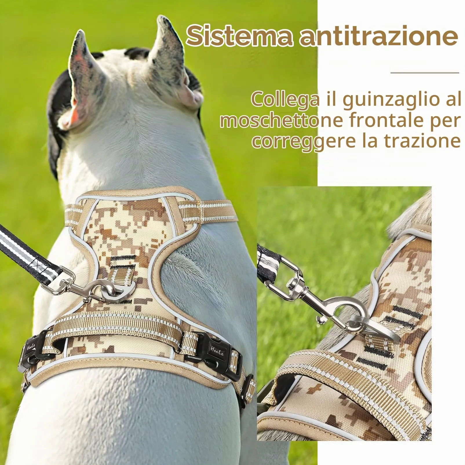 HEELE Pettorina Cane Taglia Media Riflettente Pettorina Addestramento Cani Anti Tiro con 2 Ganci in Metallo + Comodo Maniglia, Gilet per Cani Regolabile per Camminare, Camo Bronzo, M - immagine 4