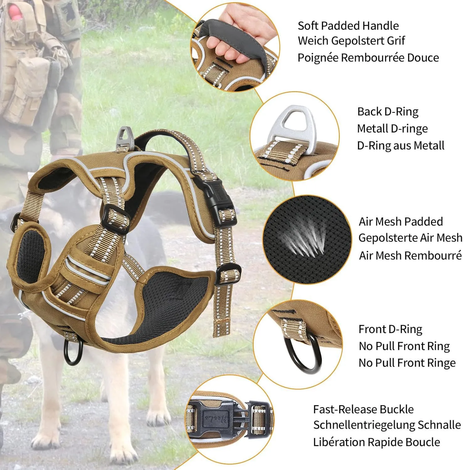 HEELE Pettorina Cane, No-Pull Imbracatura Traspirante e Riflettente, con Gancio in Metallo e Manico Imbottita, Pettorina Cane Taglia Grande Comodo per Camminare Jogging, Bronzo, L - immagine 2