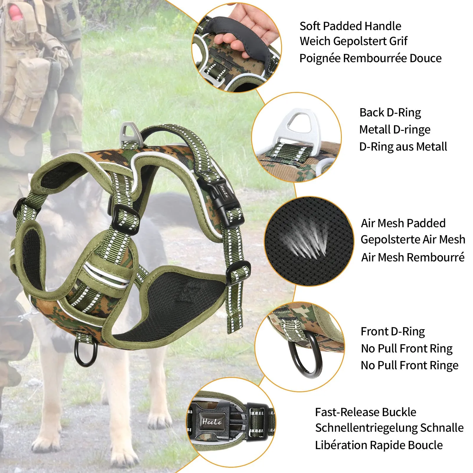 HEELE Pettorina Cane No Pull Imbracatura Riflettente e Traspirante, con Gancio in Metallo e Manico Imbottita, Pettorina Cane Taglia Grande per Addestrare Le Passeggiate, Camo Verde, XL - immagine 3