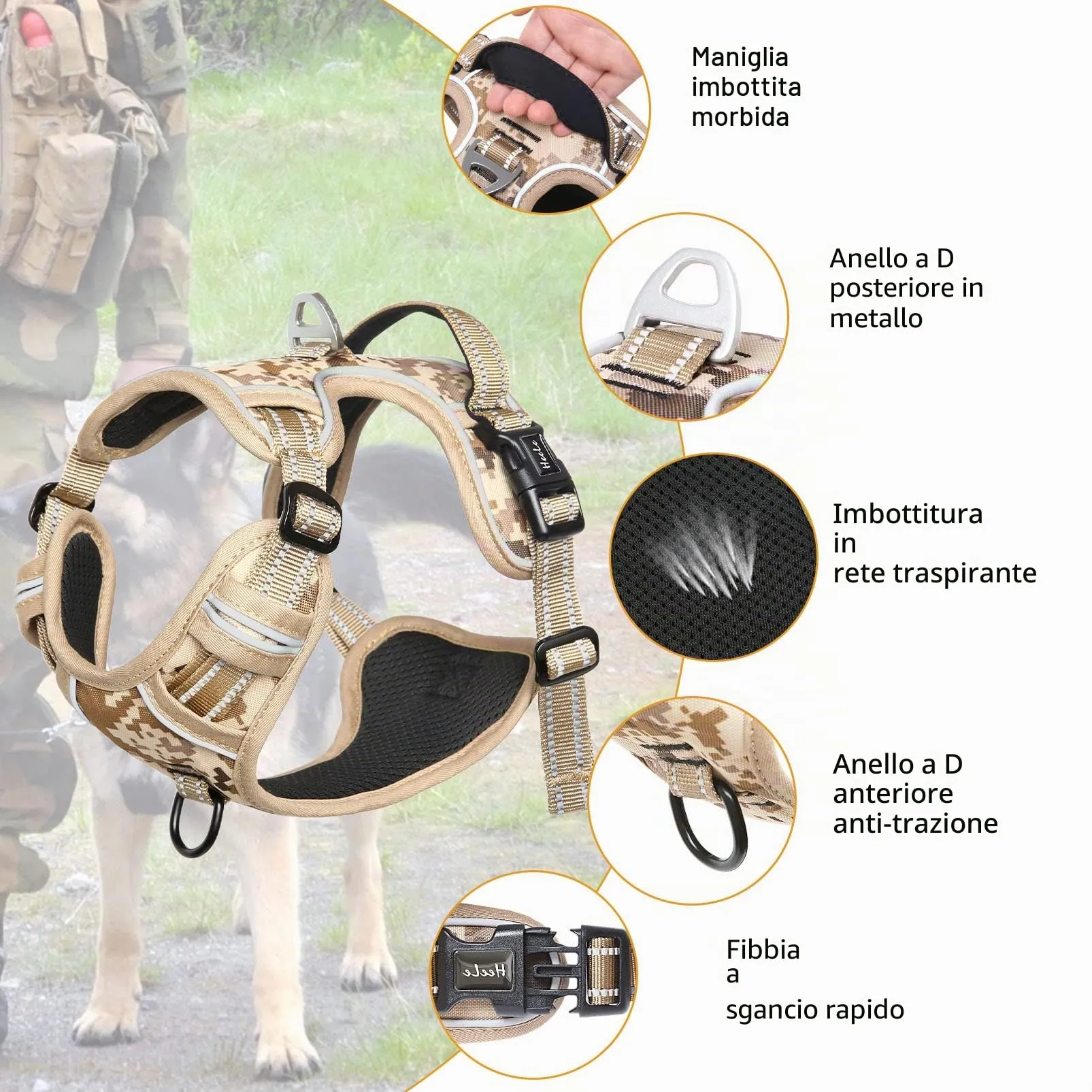 HEELE Pettorina Cane Anti-Tiro, Imbottita, Riflettente, Camo Bronzo, S - immagine 2