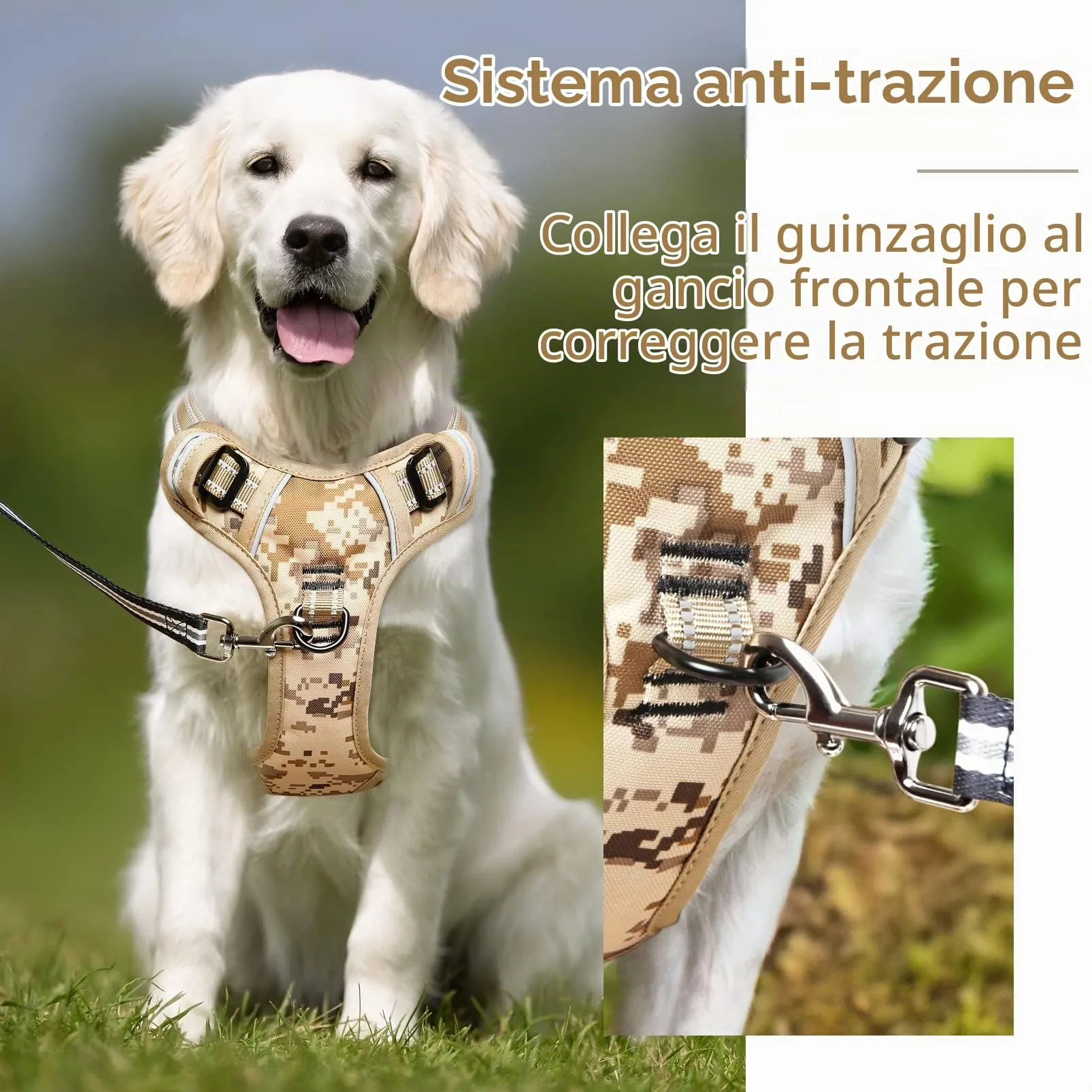 HEELE Pettorina Cane Anti-Tiro, Imbottita, Riflettente, Camo Bronzo, S - immagine 5