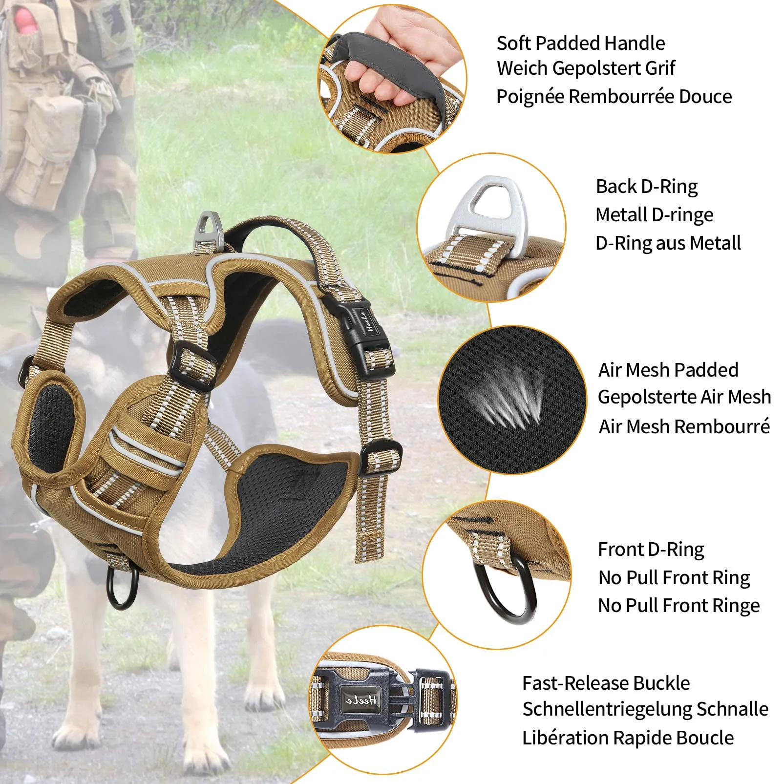 HEELE Pettorina Cane Riflettente Regolabile No-pull con Manico, Bronzo, S - immagine 3