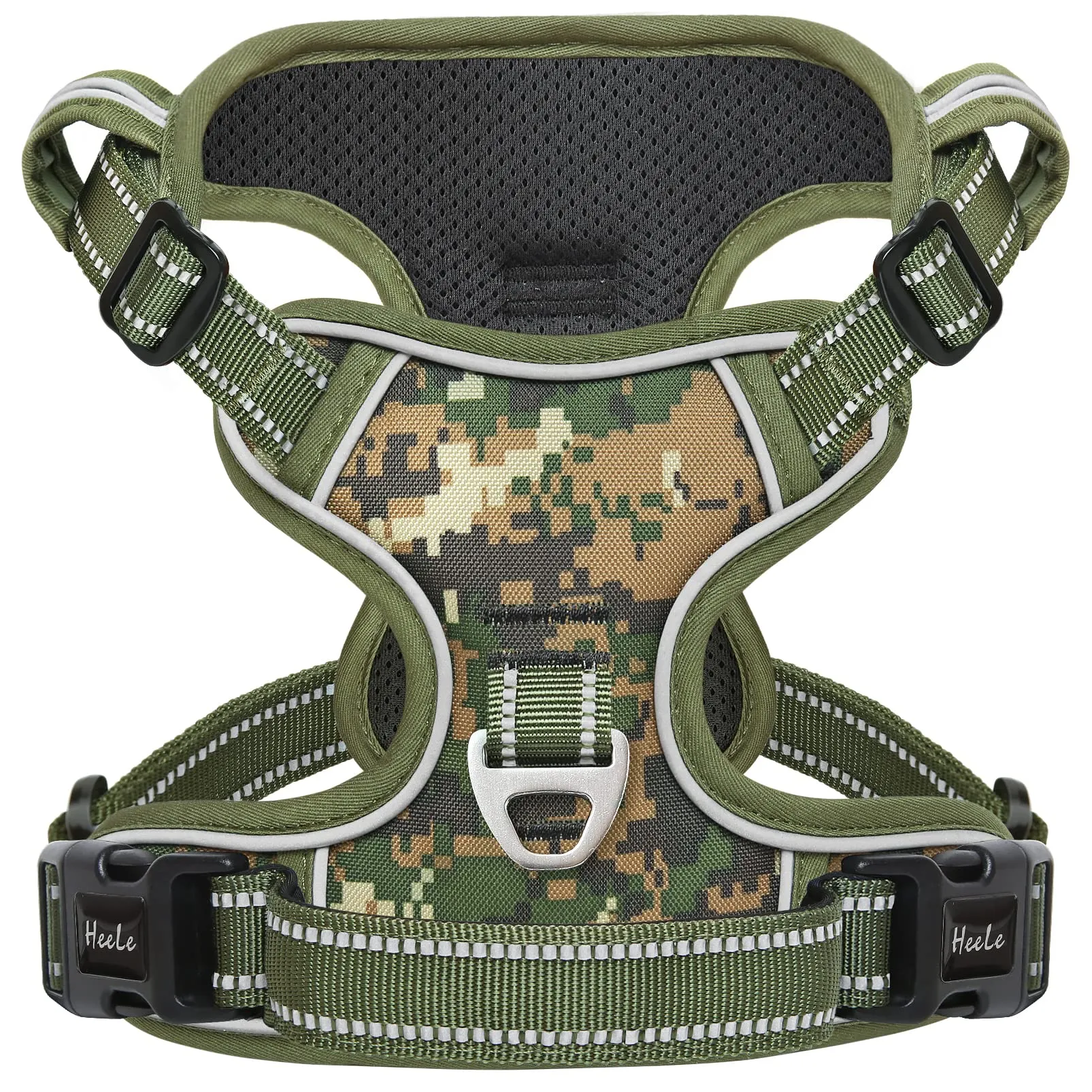HEELE Pettorina Cane Taglia Media Riflettente Pettorina Addestramento Cani Anti Tiro con 2 Ganci in Metallo + Comodo Maniglia, Gilet per Cani Regolabile per Camminare, Camo Verde, M - immagine 1