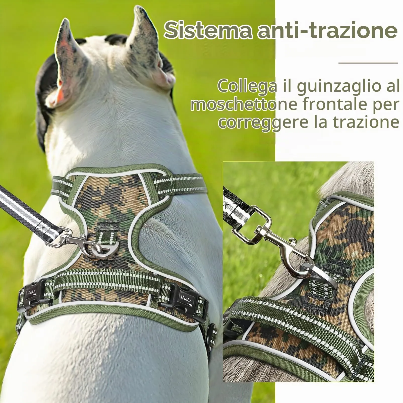HEELE Pettorina Cane Taglia Media Riflettente Pettorina Addestramento Cani Anti Tiro con 2 Ganci in Metallo + Comodo Maniglia, Gilet per Cani Regolabile per Camminare, Camo Verde, M - immagine 4