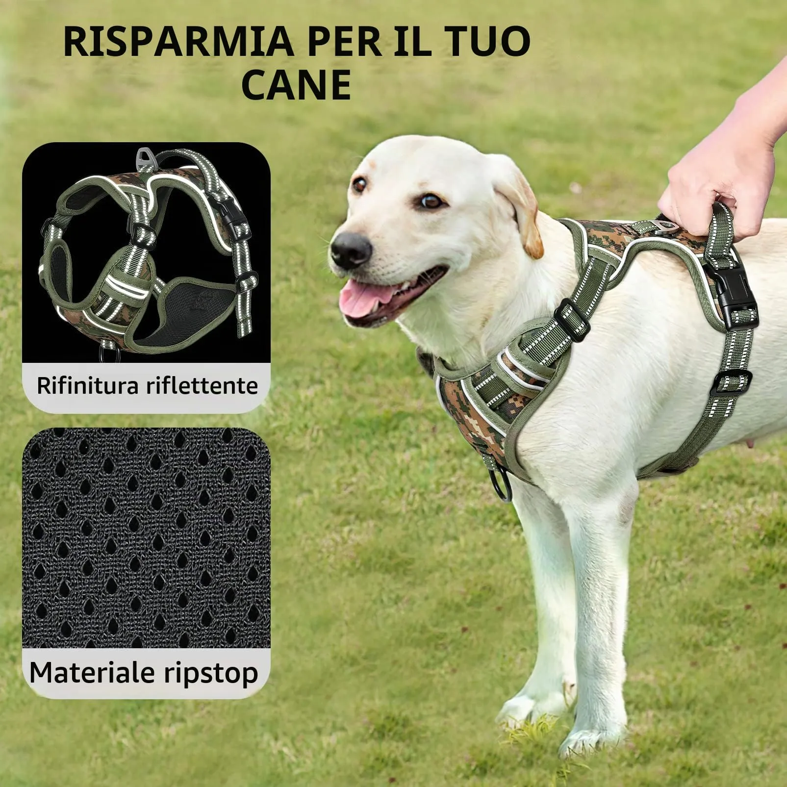 HEELE Pettorina Cane Taglia Media Riflettente Pettorina Addestramento Cani Anti Tiro con 2 Ganci in Metallo + Comodo Maniglia, Gilet per Cani Regolabile per Camminare, Camo Verde, M - immagine 6