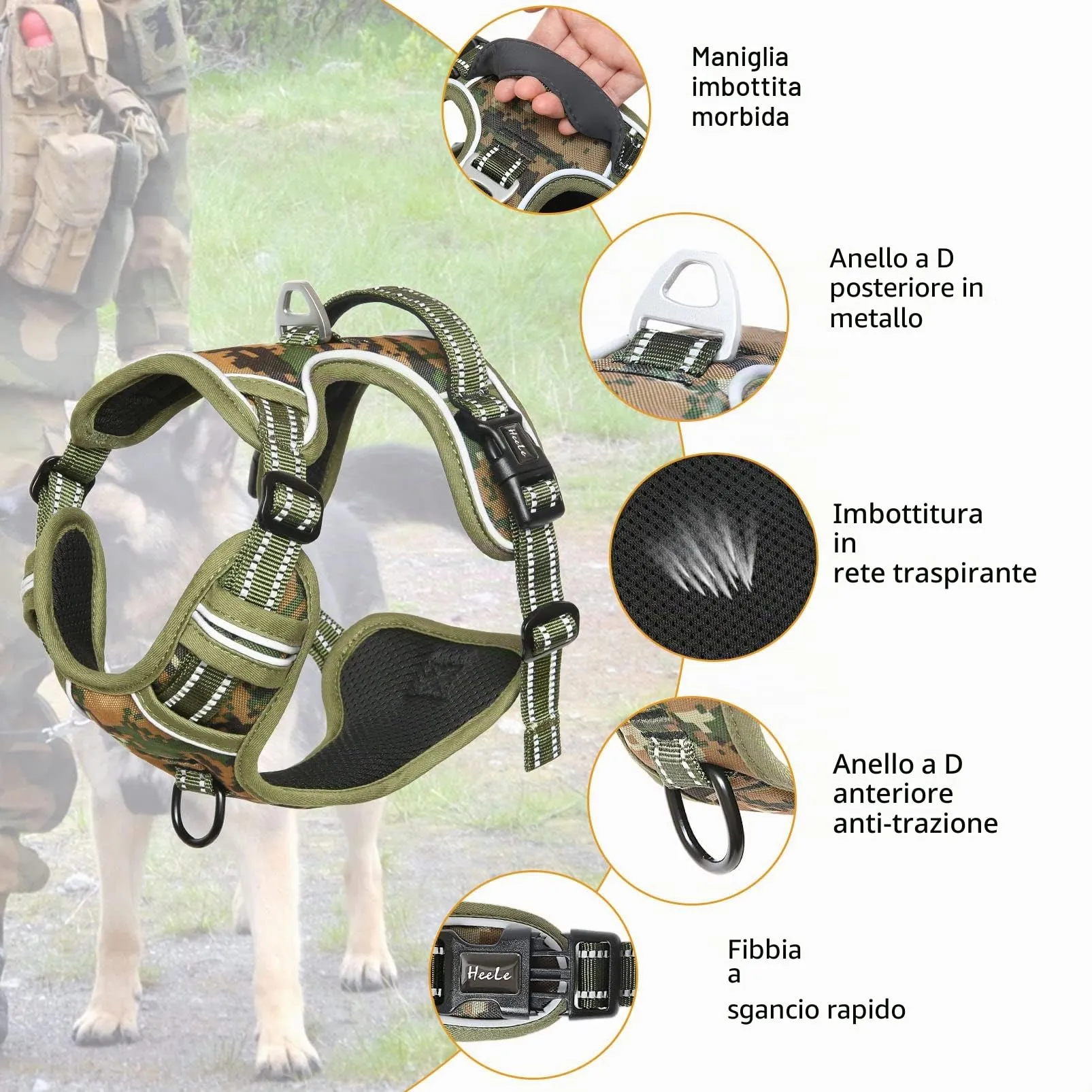 HEELE Pettorina Cane Anti-Tiro, Imbottita, Riflettente, Camo Verde, S - immagine 3