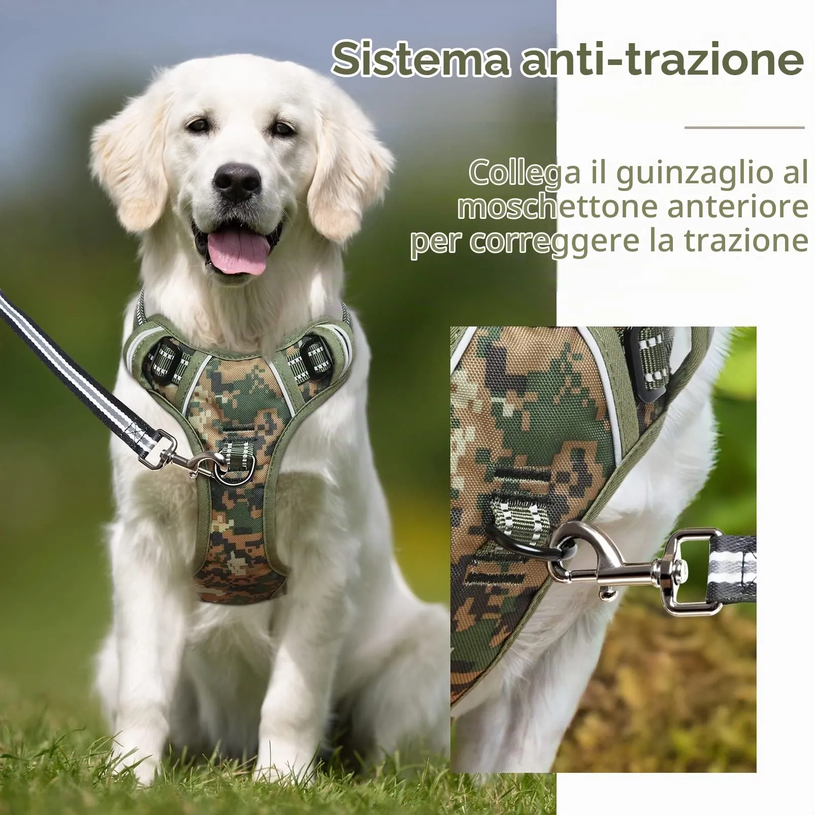 HEELE Pettorina Cane Anti-Tiro, Imbottita, Riflettente, Camo Verde, S - immagine 4