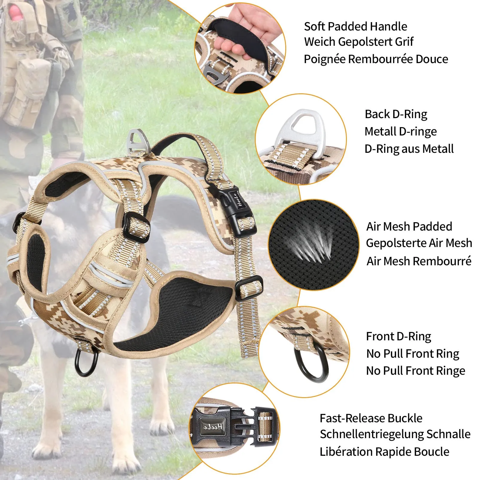 HEELE Pettorina Cane No Pull Imbracatura Riflettente e Traspirante, con Gancio in Metallo e Manico Imbottita, Pettorina Cane Taglia Grande per Addestrare Le Passeggiate, Camo Bronzo, XL - immagine 4