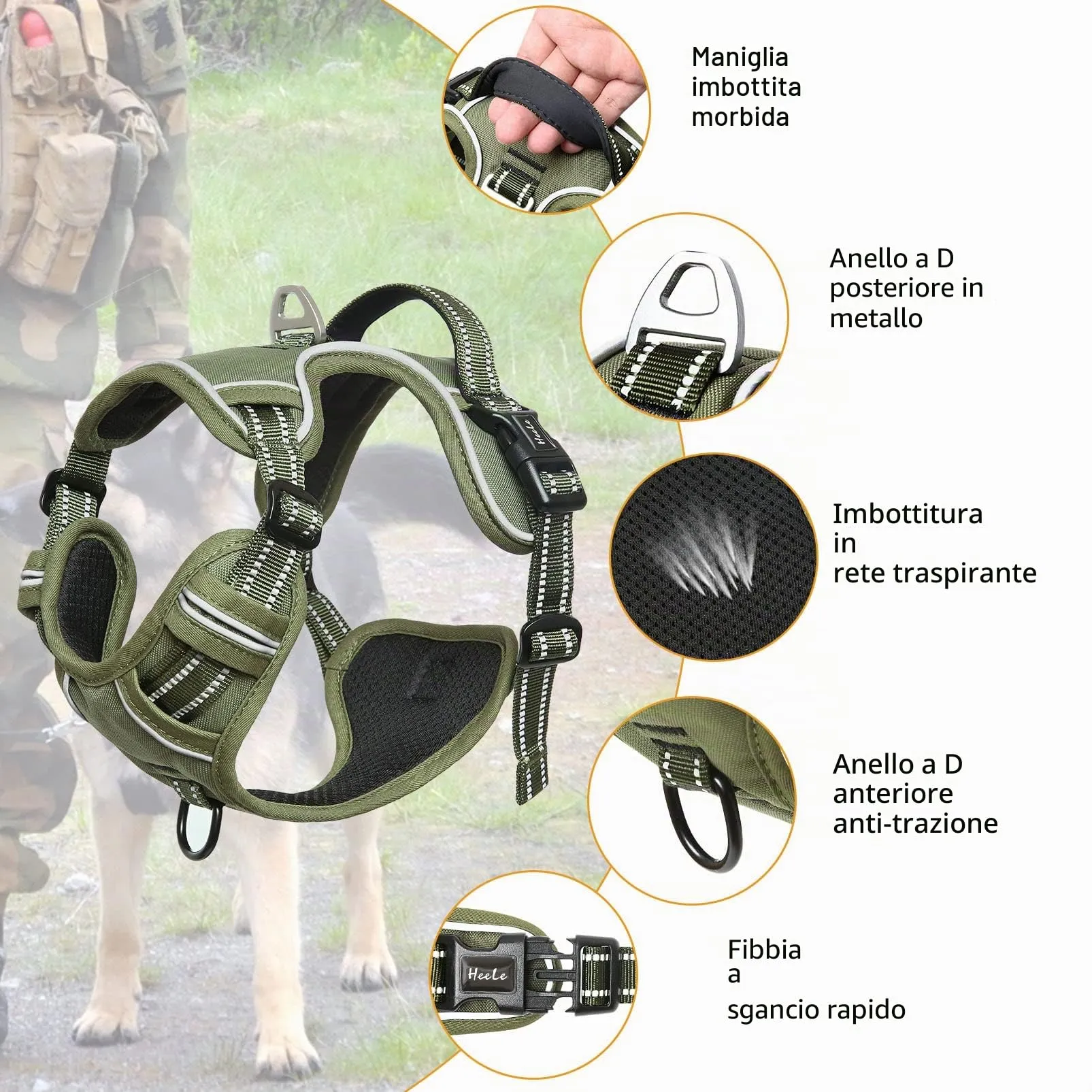 HEELE Pettorina Cane, No-Pull Imbracatura Traspirante e Riflettente, con Gancio in Metallo e Manico Imbottita, Pettorina Cane Taglia Grande Comodo per Camminare Jogging, Verde, L - immagine 3