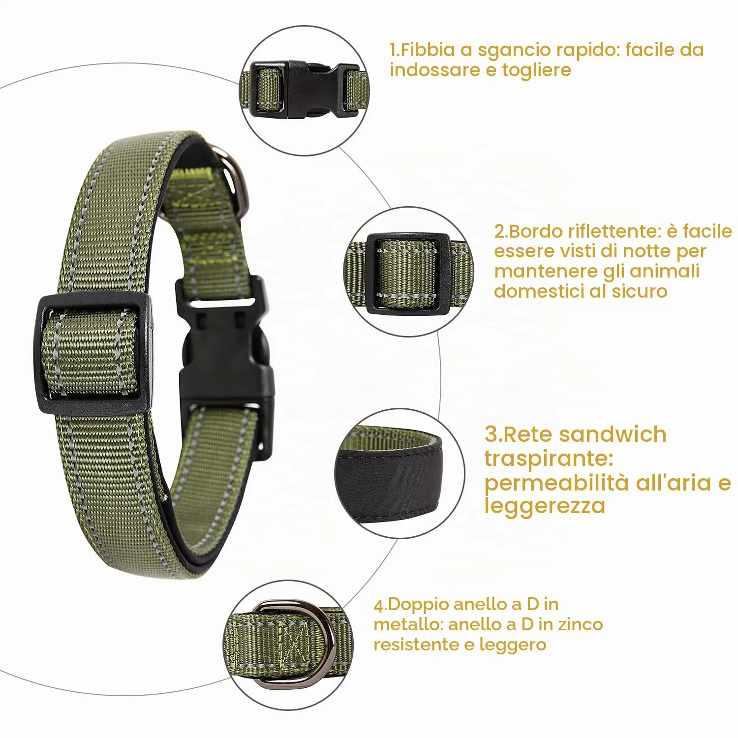 HEELE Collare per Cani, Collare Cane Riflettente Imbottito Nylon Regolabile Traspirante Collari per Cani di Taglia Grande, Verde, L(44-66cm) - immagine 2