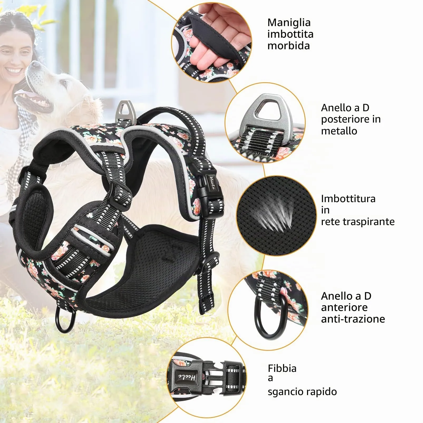 HEELE Pettorina Cane Taglia Piccola con Motivo Stampato, Riflettente Pettorina Addestramento Cani Anti Tiro con 2 Ganci in Metallo + Maniglia, Gilet per Cani Regolabile, Fiori-Nero, S - immagine 7