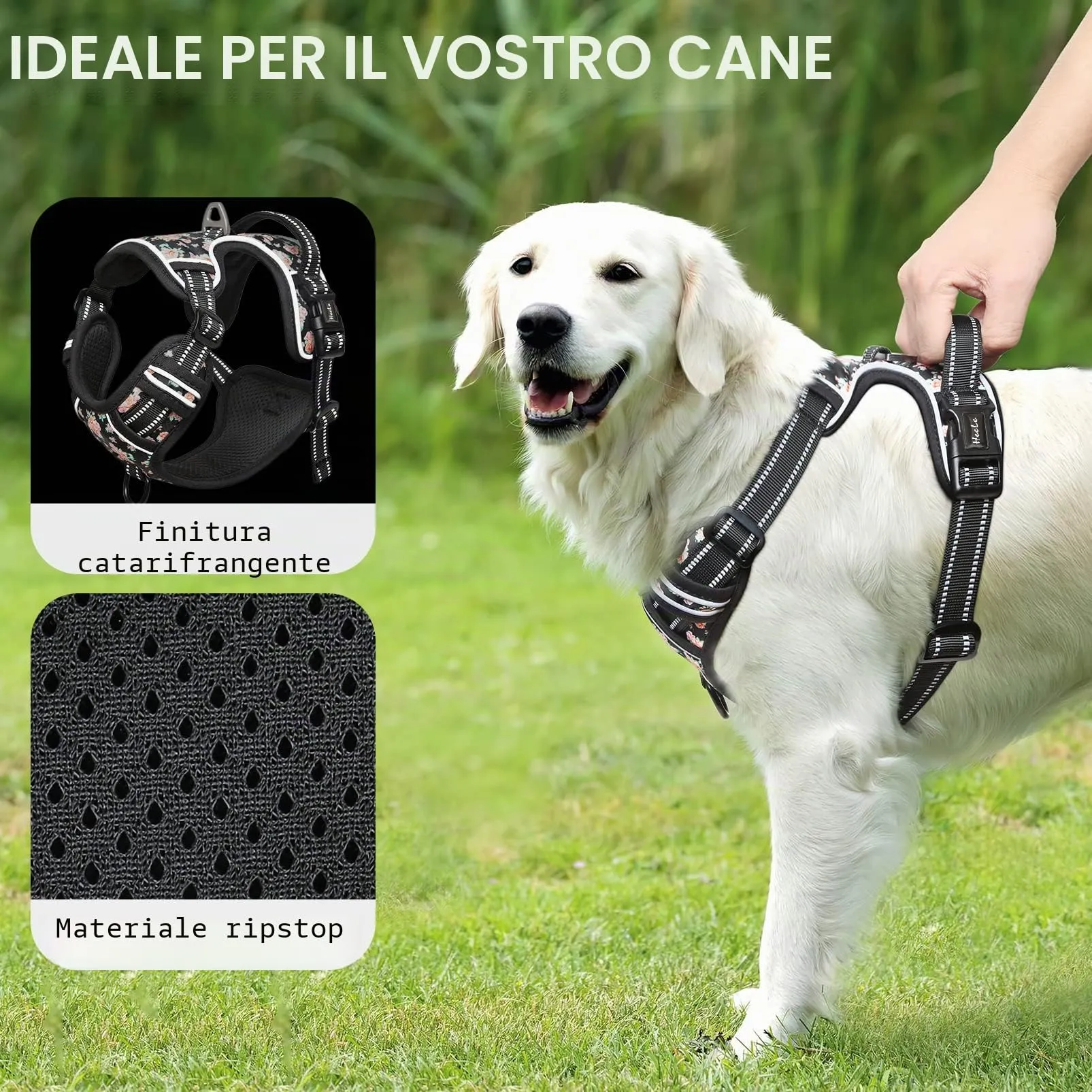 HEELE Pettorina Cane Taglia Grande con Motivo Stampato, Riflettente Pettorina Addestramento Cani Anti Tiro con 2 Ganci in Metallo + Maniglia, Gilet per Cani Regolabile, Fiori-Nero, L - immagine 7