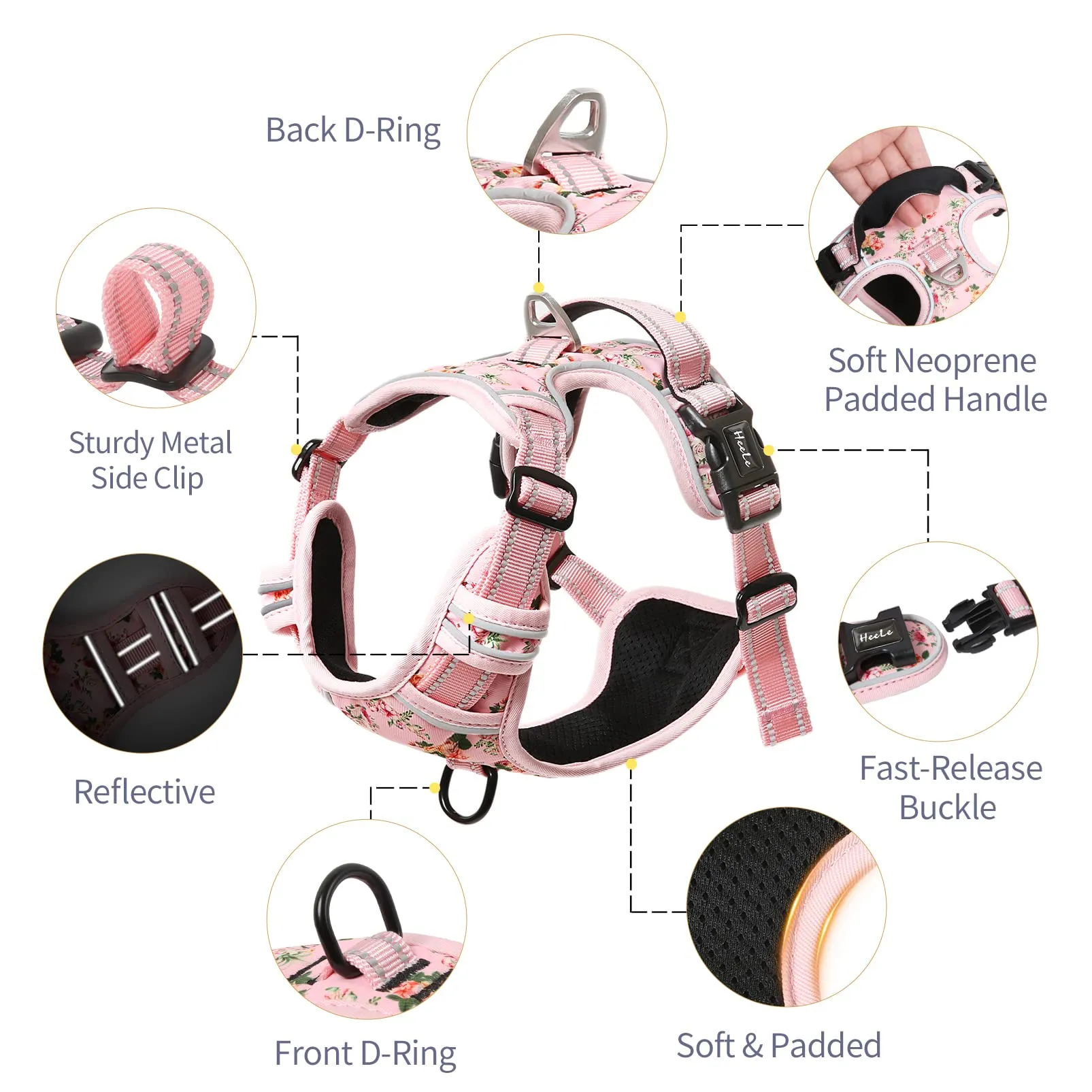 HEELE Pettorina Cane Taglia Piccola con Motivo Stampato, Riflettente Pettorina Addestramento Cani Anti Tiro con 2 Ganci in Metallo + Maniglia, Gilet per Cani Regolabile per Camminare, Fiori-Rosa, XS - immagine 2