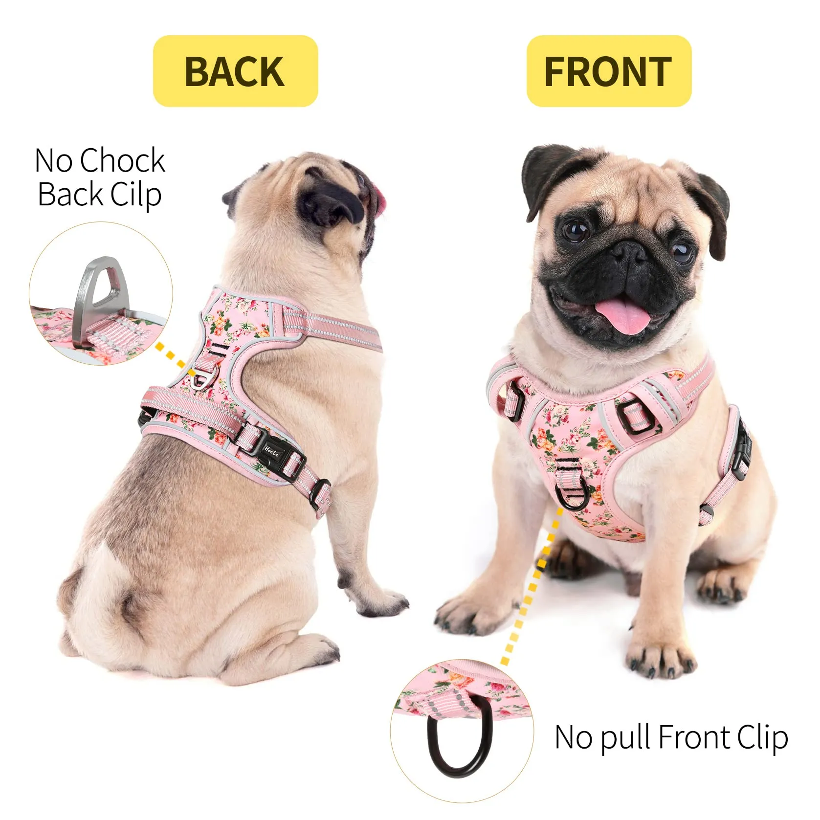 HEELE Pettorina Cane Taglia Piccola con Motivo Stampato, Riflettente Pettorina Addestramento Cani Anti Tiro con 2 Ganci in Metallo + Maniglia, Gilet per Cani Regolabile per Camminare, Fiori-Rosa, XS - immagine 3