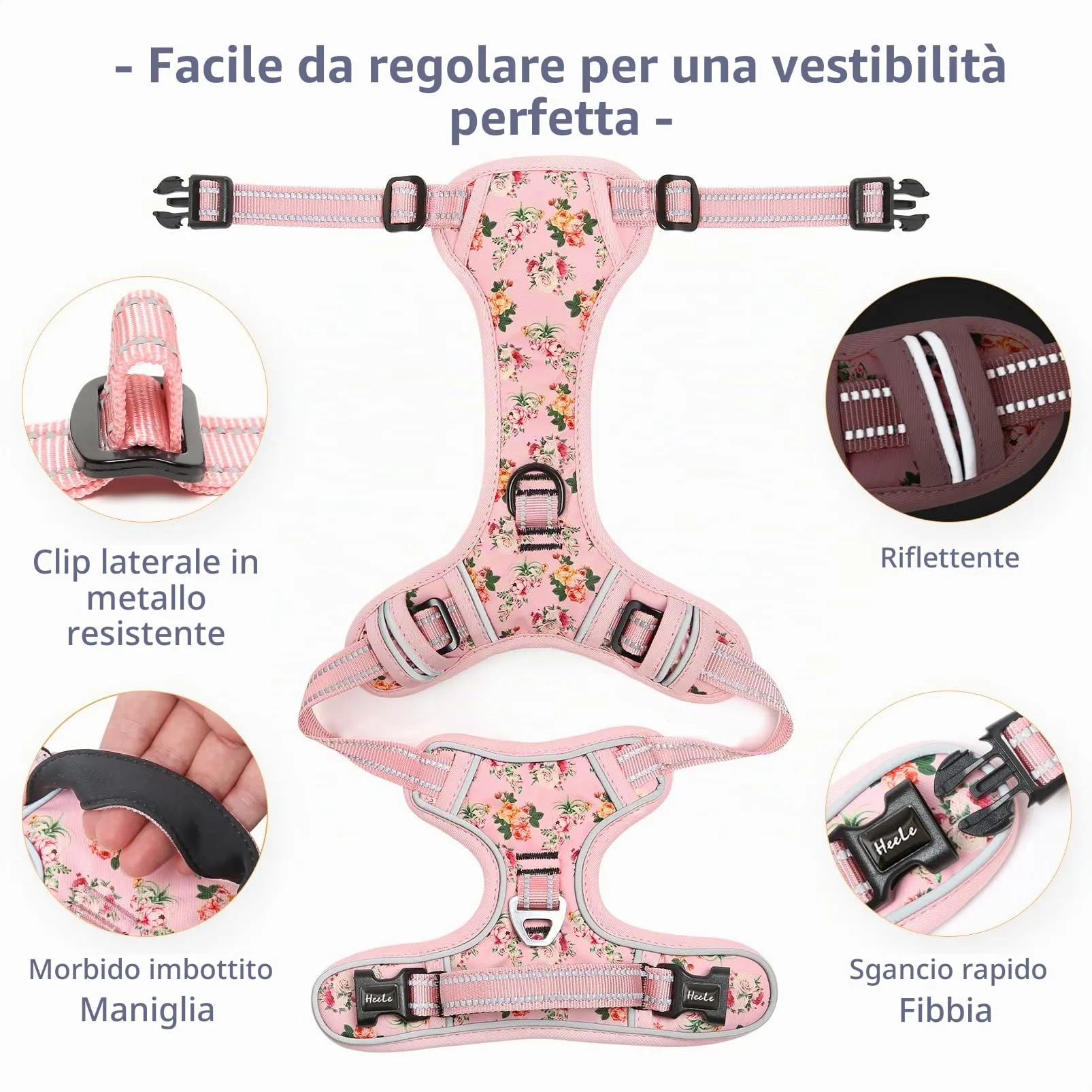 HEELE Pettorina Cane Taglia Piccola con Motivo Stampato, Riflettente Pettorina Addestramento Cani Anti Tiro con 2 Ganci in Metallo + Maniglia, Gilet per Cani Regolabile per Camminare, Fiori-Rosa, XS - immagine 5
