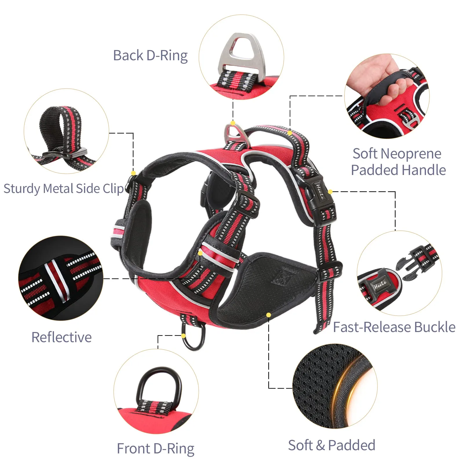 HEELE Pettorina Cane No-pull Riflettente Regolabile con Manico, Rosso, XS - immagine 2