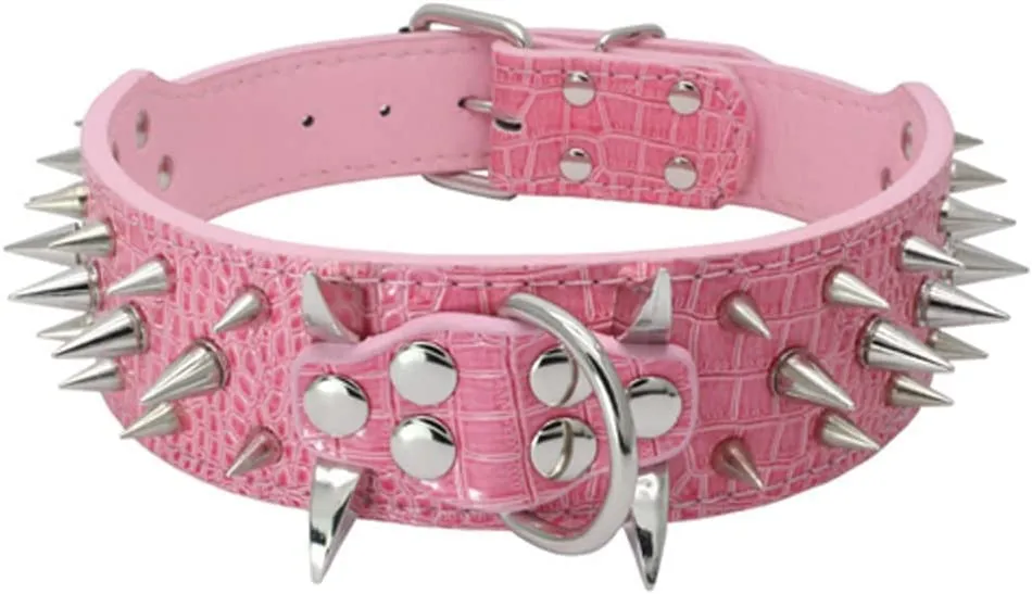 haoyueer Collare per cani con borchie affilate, larghezza 5 cm, elegante collare in pelle per cani di taglia media e grande, pitbull, labrador, boxer, rottweiler, pastore tedesco, ecc. (S, rosa) - immagine 1