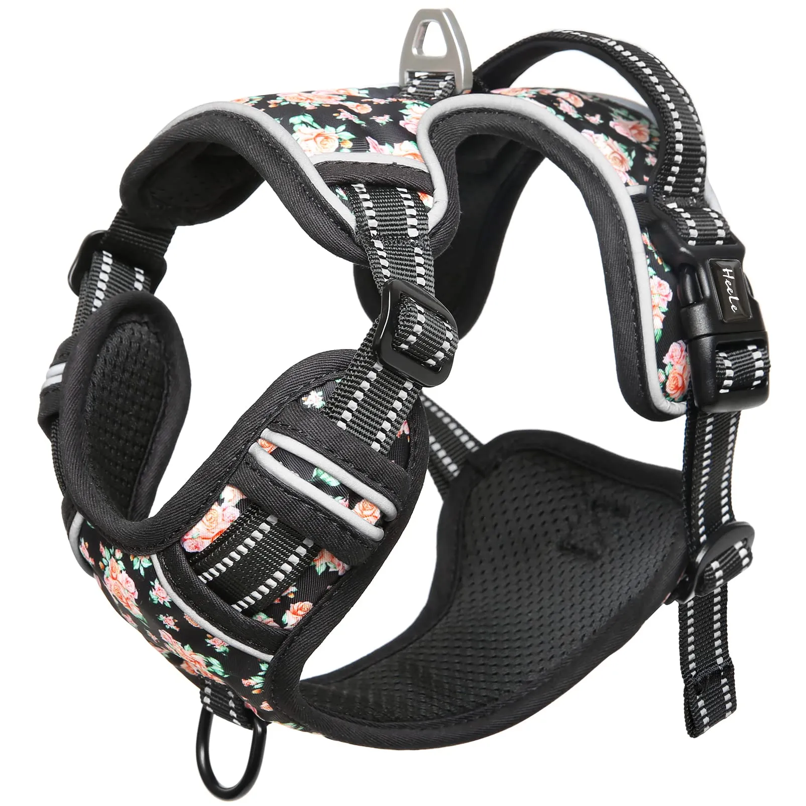 HEELE Pettorina Cane Taglia Piccola con Motivo Stampato, Riflettente Pettorina Addestramento Cani Anti Tiro con 2 Ganci in Metallo + Maniglia, Gilet per Cani Regolabile, Fiori-Nero, XS - immagine 7