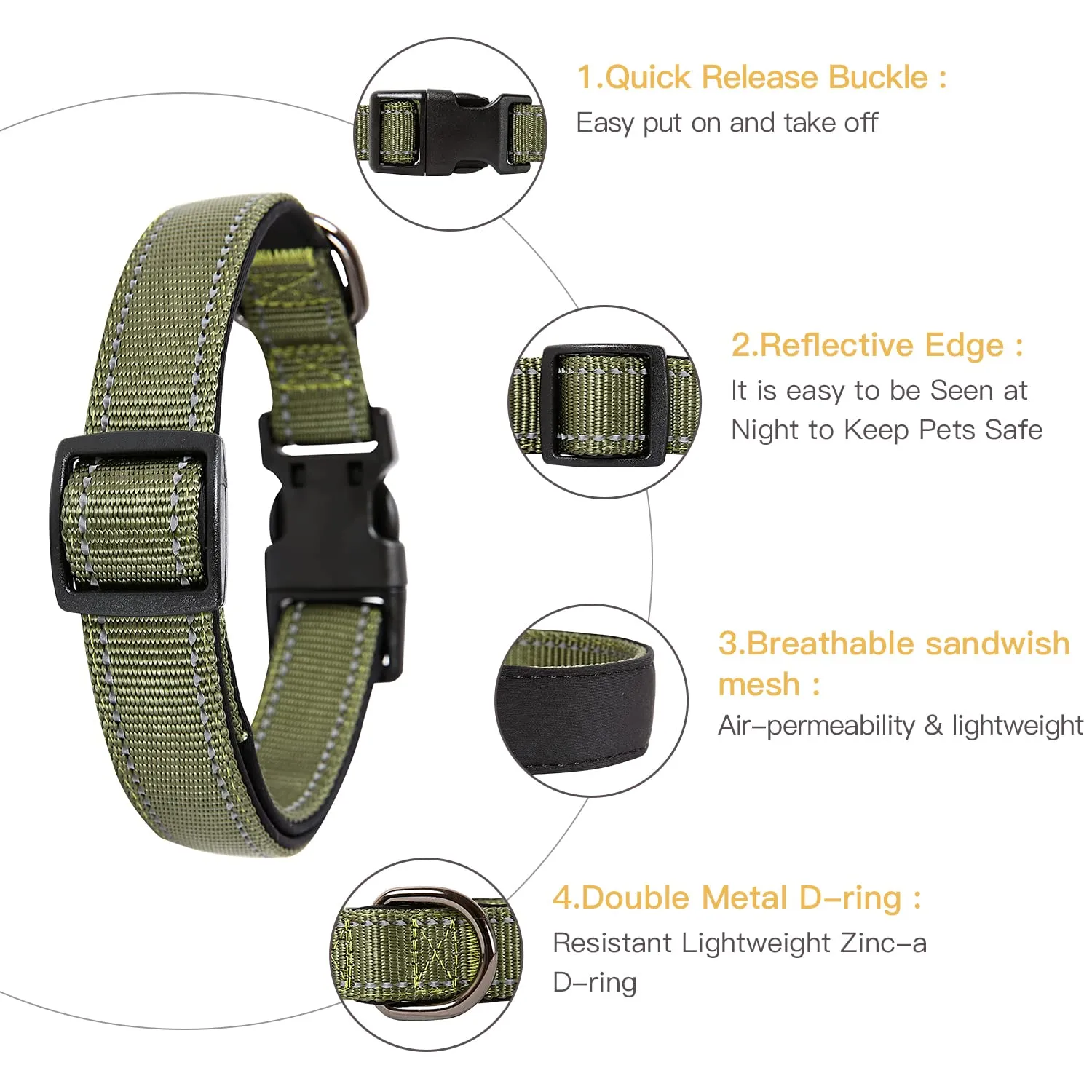 HEELE Collare per Cani, Collare Cane Riflettente Imbottito Nylon Regolabile Traspirante Collari per Cani di Taglia Piccola, Verde, XS(20-30cm) - immagine 2