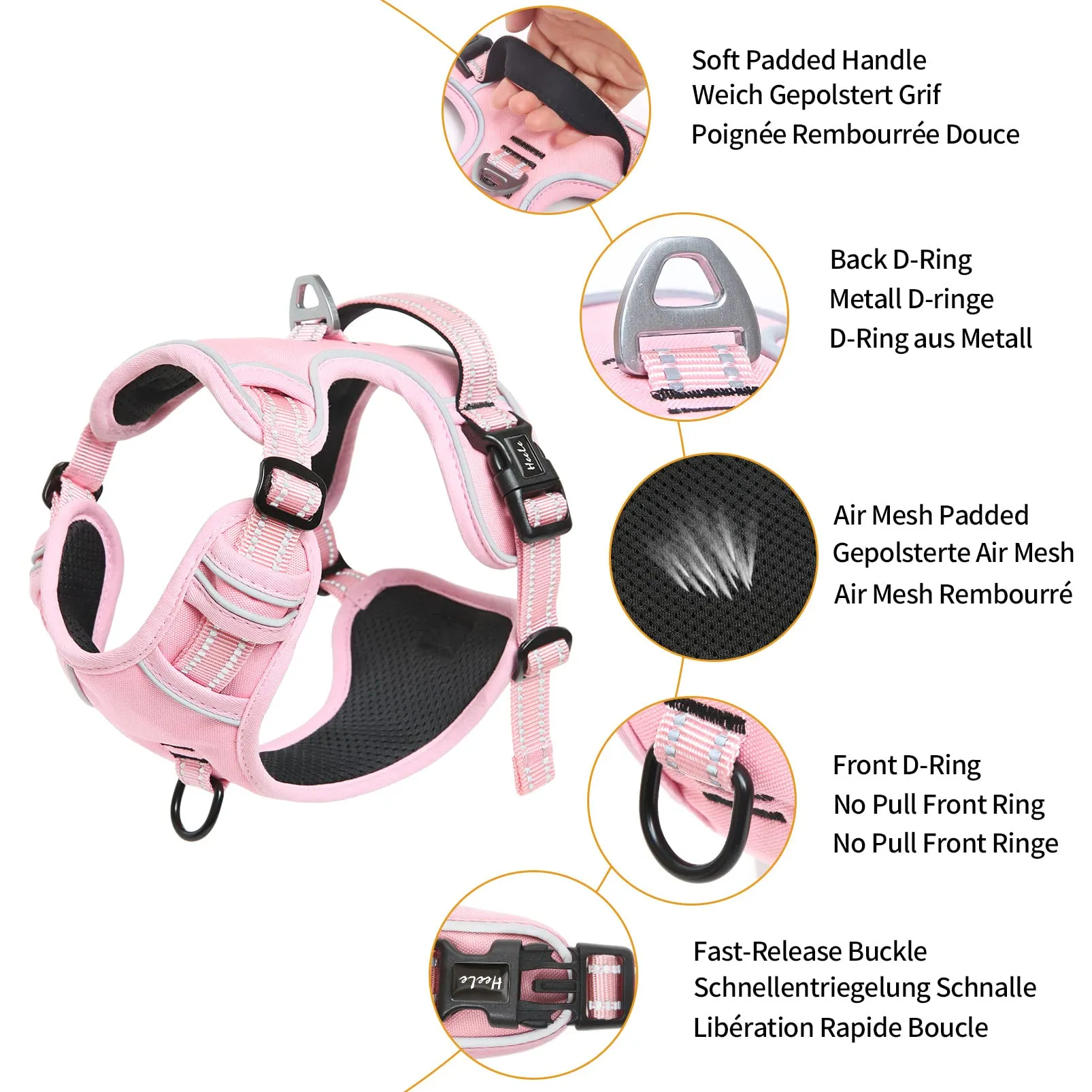 HEELE Pettorina Cane Taglia Media Riflettente Pettorina Addestramento Cani Anti Tiro con 2 Ganci in Metallo + Comodo Maniglia, Gilet per Cani Regolabile per Camminare, Rosa Pallido, M - immagine 3