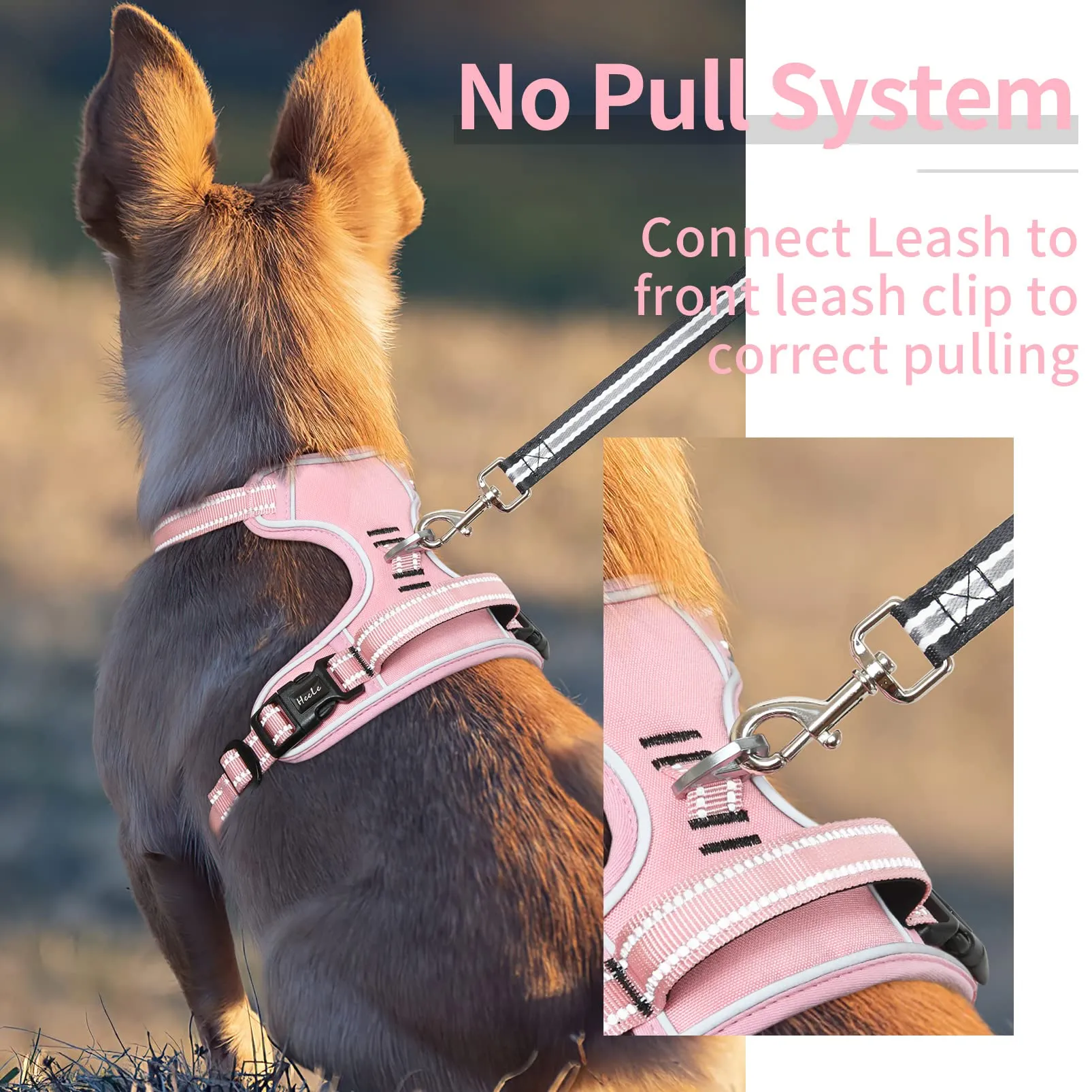 HEELE Pettorina Cane Taglia Media Riflettente Pettorina Addestramento Cani Anti Tiro con 2 Ganci in Metallo + Comodo Maniglia, Gilet per Cani Regolabile per Camminare, Rosa Pallido, M - immagine 7