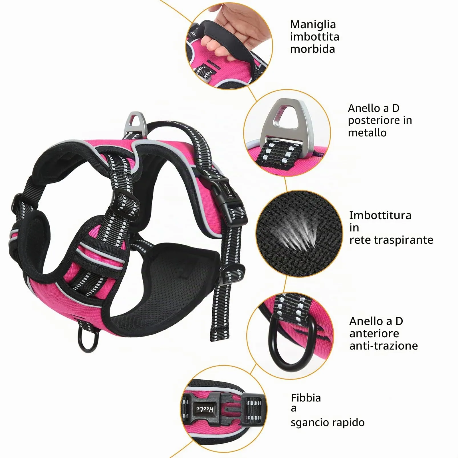 HEELE Pettorina Cane No Pull Imbracatura Riflettente e Traspirante, con Gancio in Metallo e Manico Imbottita, Pettorina Cane Taglia Grande per Addestrare Le Passeggiate, Rosso Rosa, XL - immagine 2