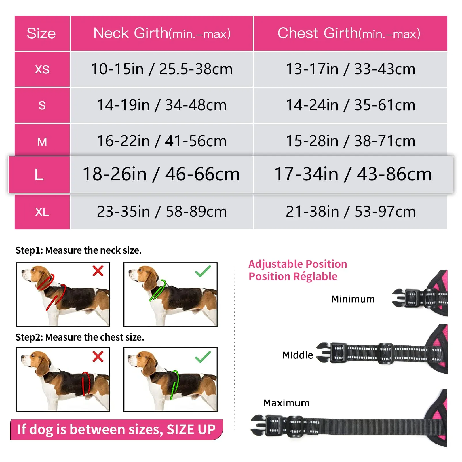 HEELE Pettorina Cane, No-Pull Imbracatura Traspirante e Riflettente, con Gancio in Metallo e Manico Imbottita, Pettorina Cane Taglia Grande Comodo per Camminare Jogging, Rosso Rosa, L - immagine 3