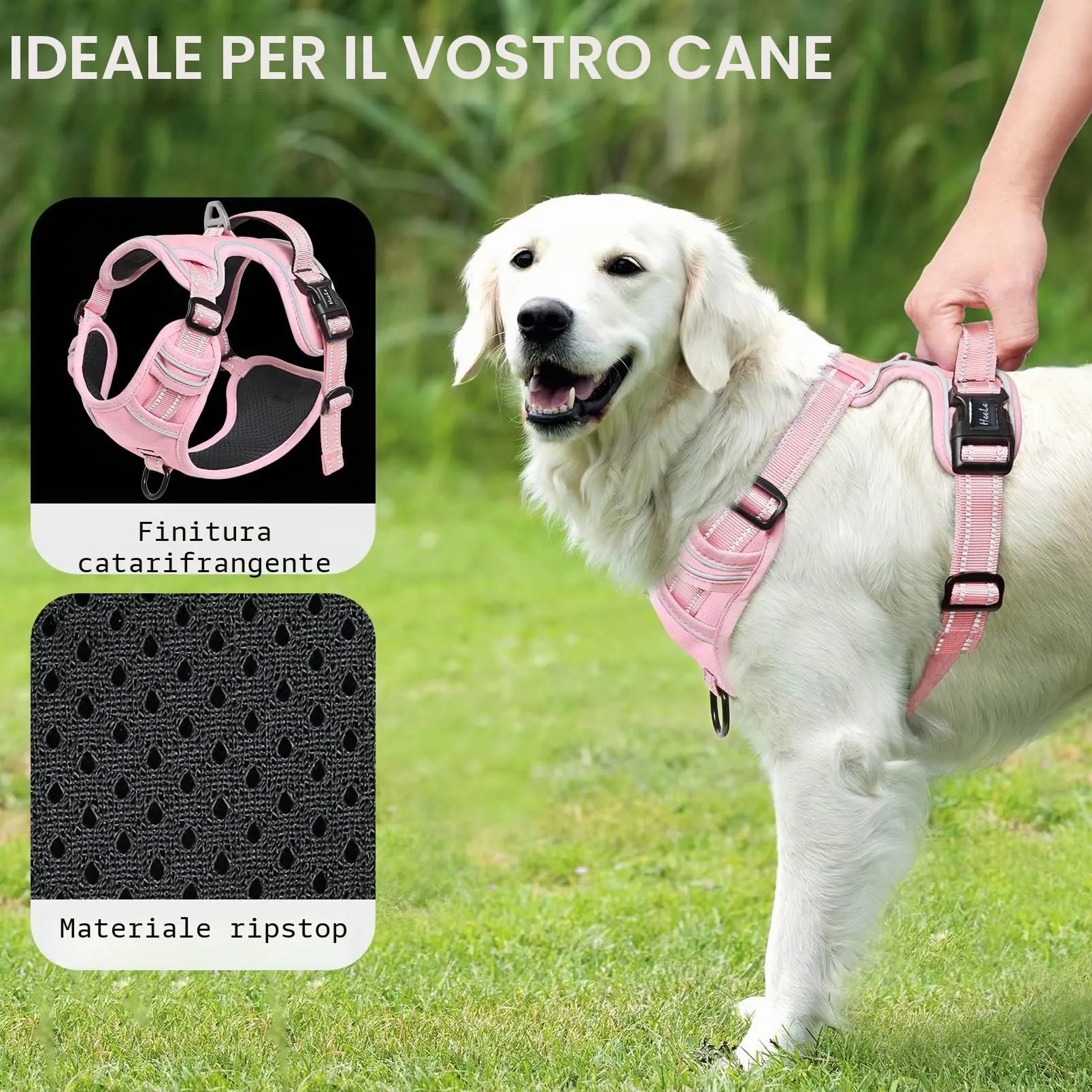 HEELE Pettorina Cane, No-Pull Imbracatura Traspirante e Riflettente, con Gancio in Metallo e Manico Imbottita, Pettorina Cane Taglia Grande Comodo per Camminare Jogging, Rosa Pallido, L - immagine 6