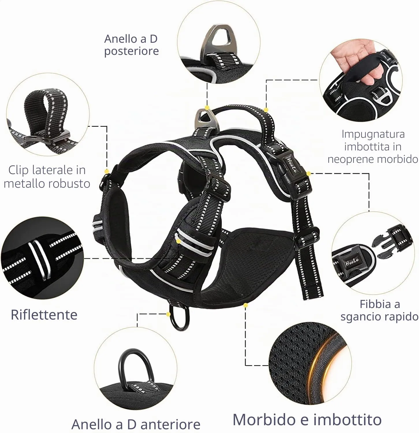 HEELE Pettorina Cane Riflettente No-pull Regolabile con Manico, Nero, XS - immagine 2