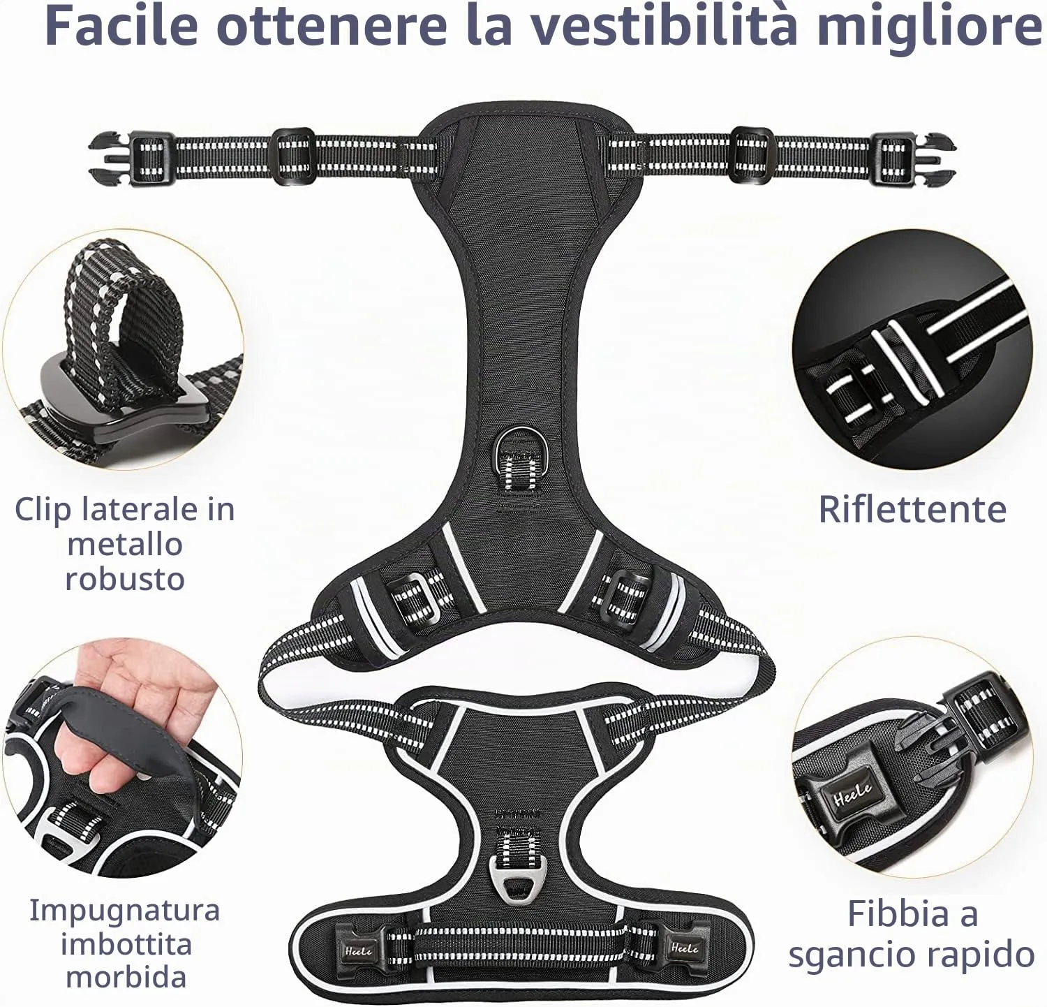 HEELE Pettorina Cane Riflettente No-pull Regolabile con Manico, Nero, XS - immagine 6