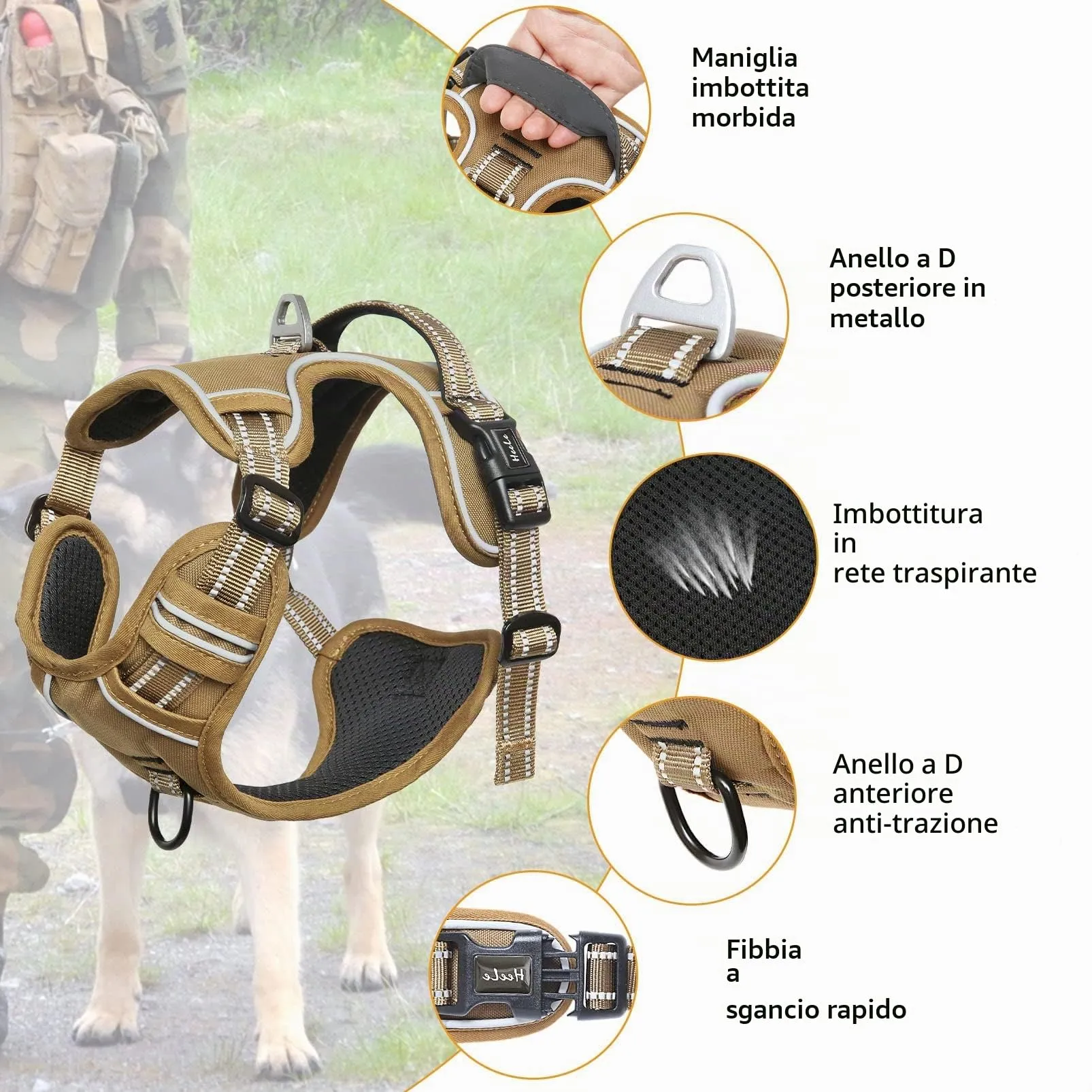 HEELE Pettorina Cane Riflettente Regolabile No-pull con Manico, Bronzo, XS - immagine 7