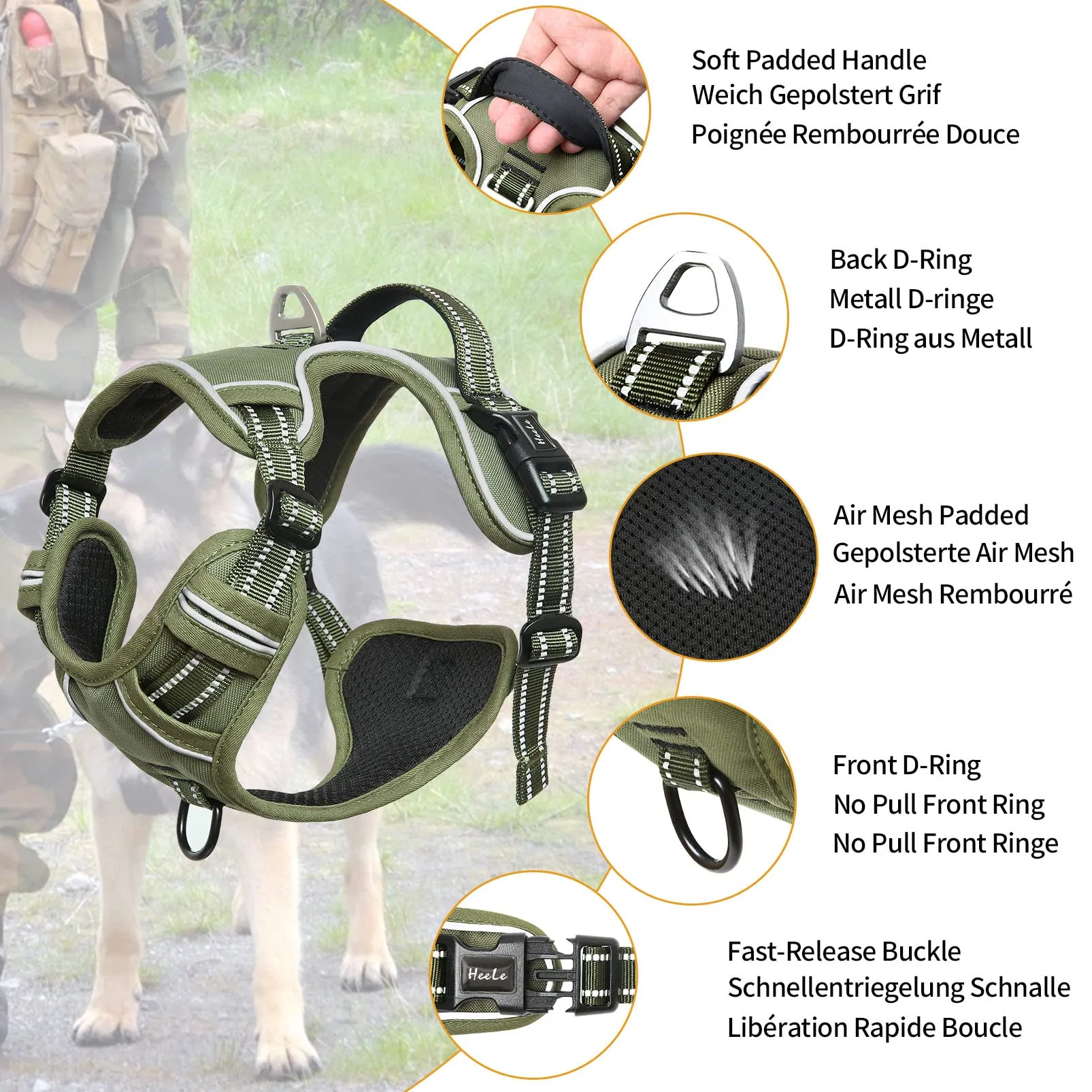 HEELE Pettorina Cane Riflettente Regolabile No-pull con Manico, Verde, XS - immagine 3