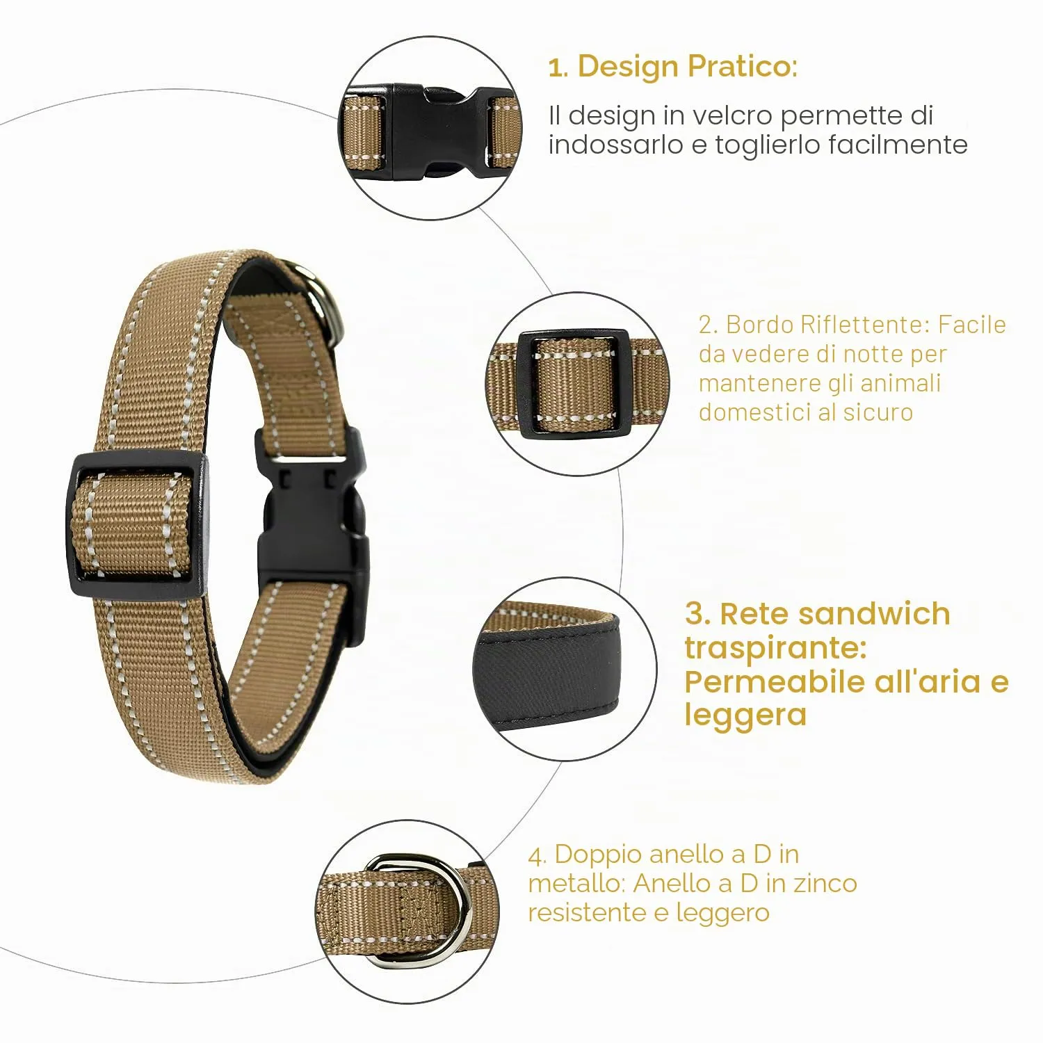 HEELE Collare per Cani, Collare Cane Riflettente Imbottito Nylon Regolabile Traspirante Collari per Cani di Taglia Grande, Marrone, L(44-66cm) - immagine 2
