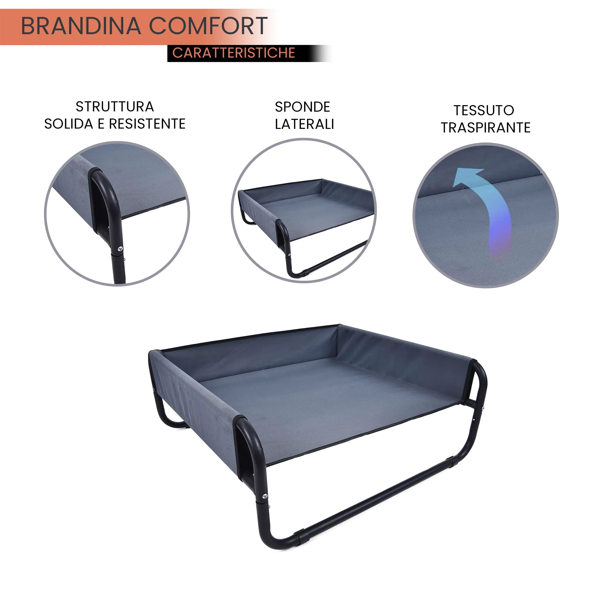 Italian Bed Linen Brandina per Cani e Gatti Comfort – Brandina Rialzata Waterproof e Traspirante, Letto per Animali Impermeabile e Resistente, Facile da Montare, Grigio, 85x85x33cm - immagine 9