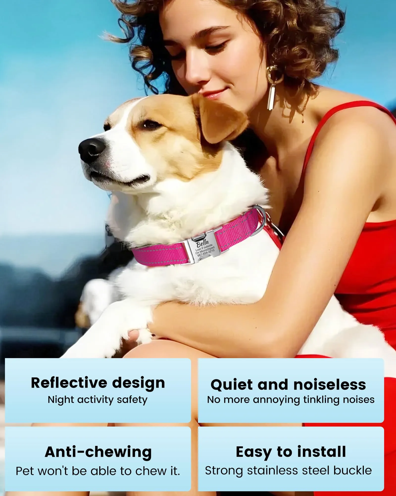 Collare per Cane Personalizzato di Piccola Media e Grande Taglia - Riflettente Collare Cani con Nome e Telefono Numero, Collari per Gatto con Sgancio Rapido e Fibbia in Metallo - immagine 2