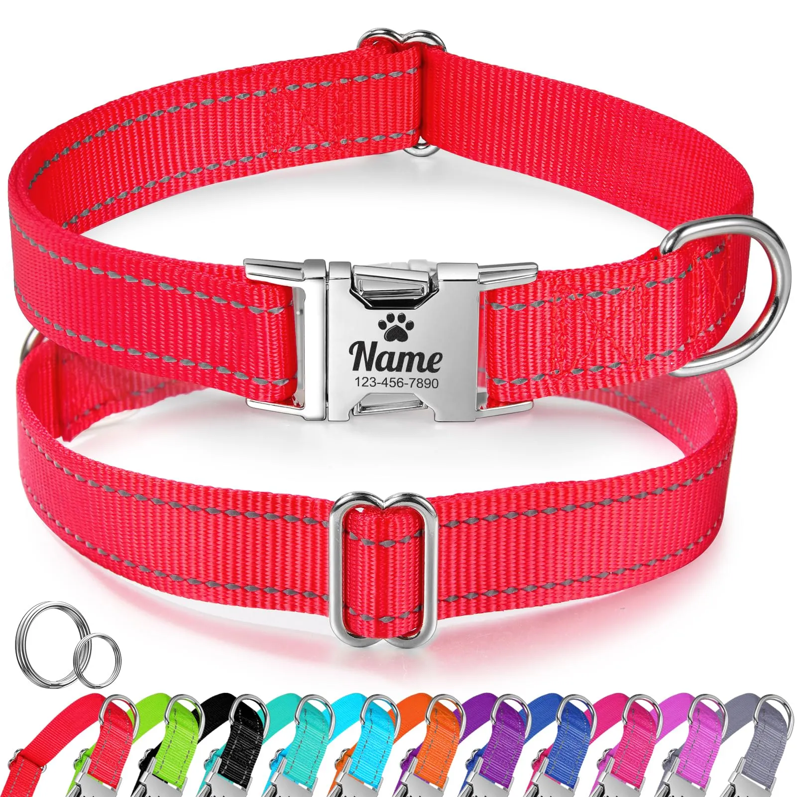 Collare per Cani personalizzato per Cani di Media Taglia - Collare per Cani Riflettente Con Nome E Numero di Telefono inciso, Collari per Animali in Nylon Con Sgancio Rapido E Fibbia in Metallo - immagine 1