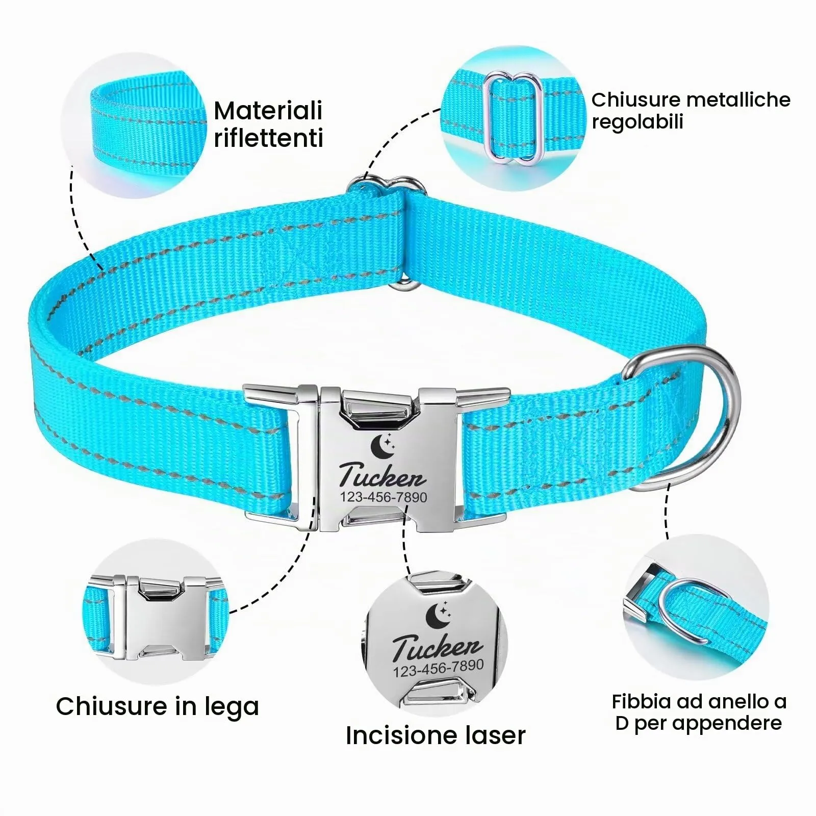 Collare per Cane in Nylon Riflettente Personalizzato, Collana con nome e numero di telefono incisi, Fibbia Staccabile Durevole, Collari Di Regolabili per Cani Di Piccola, Media e Grande Taglia - immagine 3