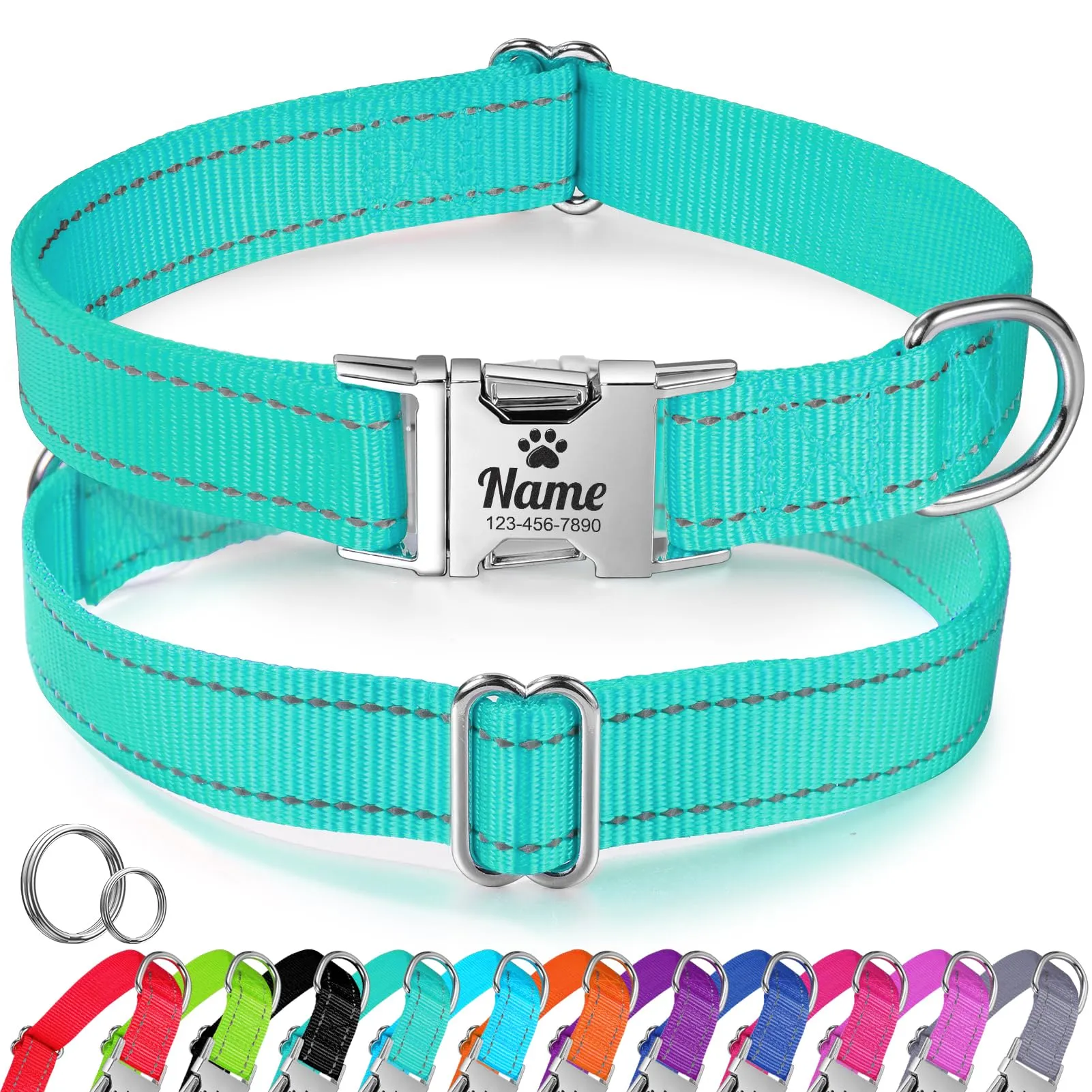 Riflettente Collare Cani Personalizzato - Collare Cane Gatto Con Nome E Numero di Telefono inciso, Collari per Animali in Nylon Con Sgancio Rapido E Fibbia in Metallo - immagine 1