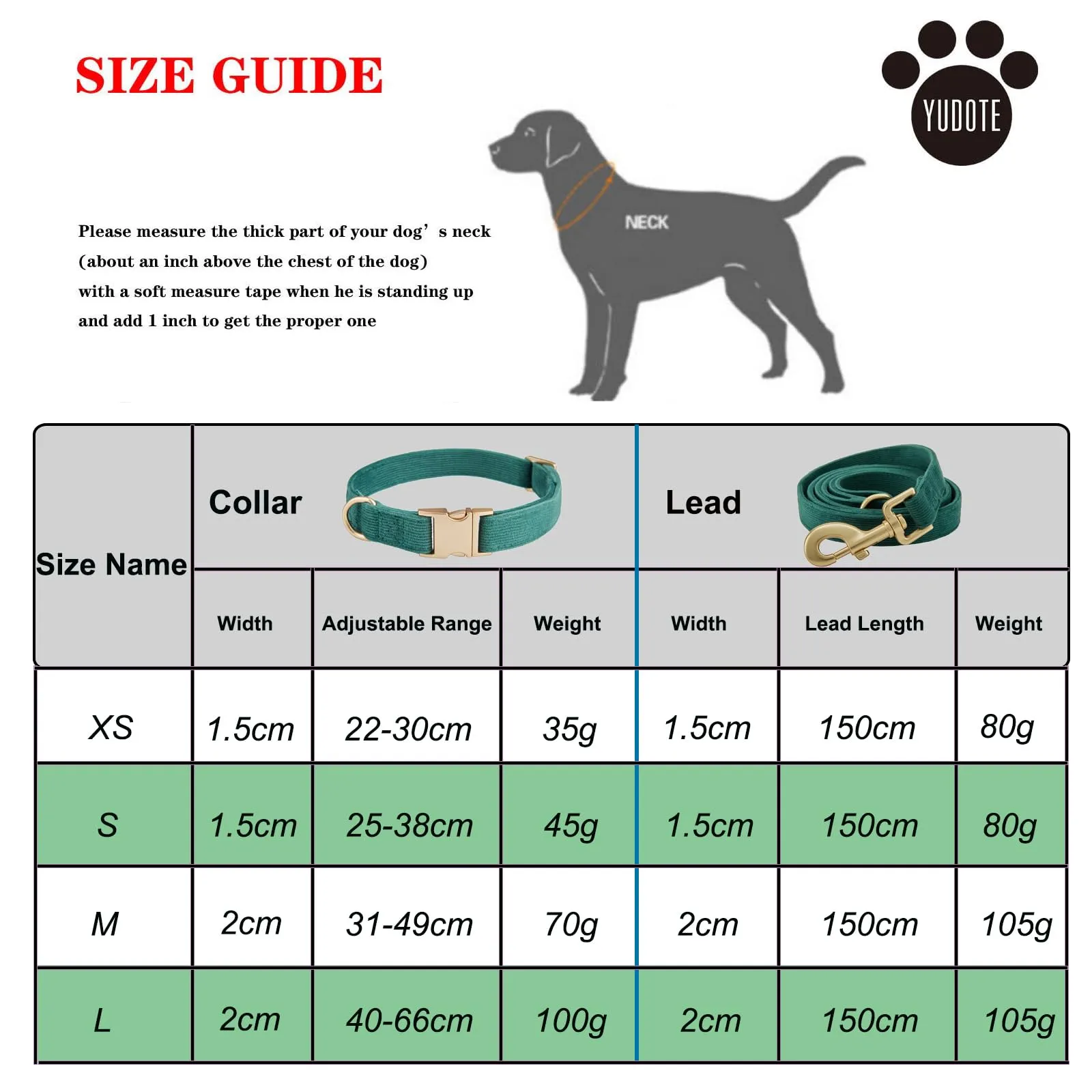 YUDOTE Set di Collare e Guinzaglio per Cani Grande, Morbido Collare e Guinzaglio in Corduroy Non Irritante Combinazione Abbinata per Passeggiate Quotidiane, Verde - immagine 3