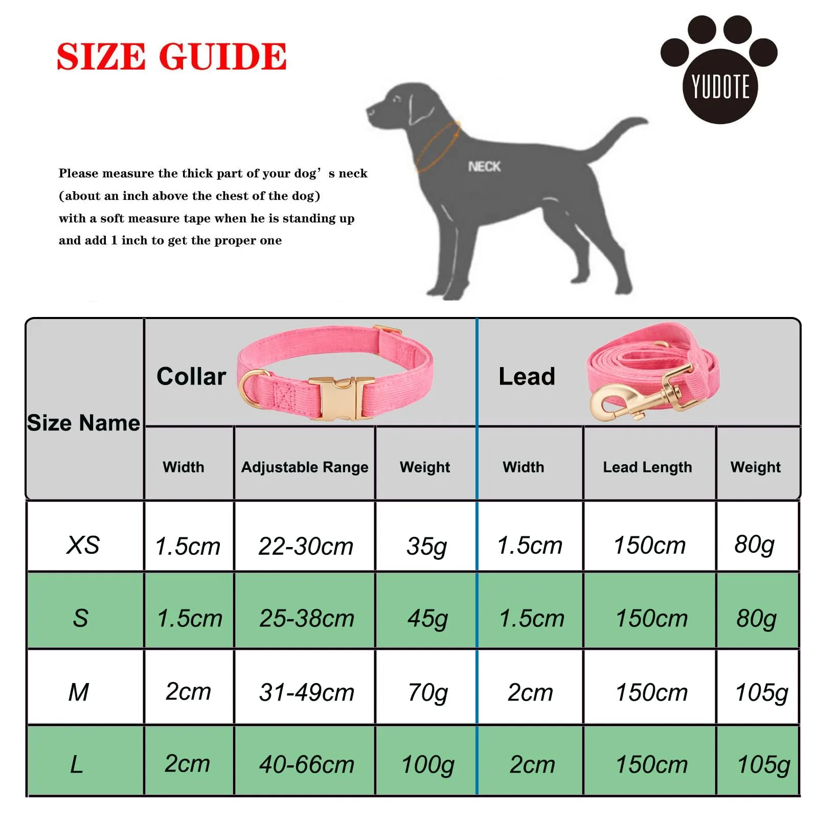 YUDOTE Set di collare e guinzaglio per cani grande, morbido collare in velluto a coste non irritante, combo abbinato per passeggiate quotidiane, rosa - immagine 3
